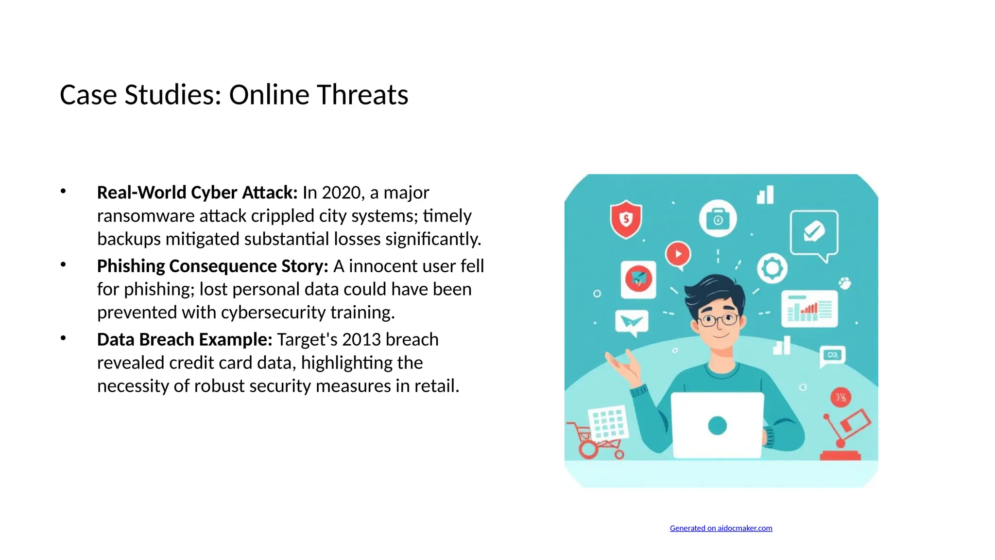 Case Studies: Online Threats
• Real-World Cyber Attack: In 2020, a major
ransomware attack crippled city systems; timely
backups mitigated substantial losses significantly.
• Phishing Consequence Story: A innocent user fell
for phishing; lost personal data could have been
prevented with cybersecurity training.
• Data Breach Example: Target's 2013 breach
revealed credit card data, highlighting the
necessity of robust security measures in retail.
Generated on aidocmaker.com
 