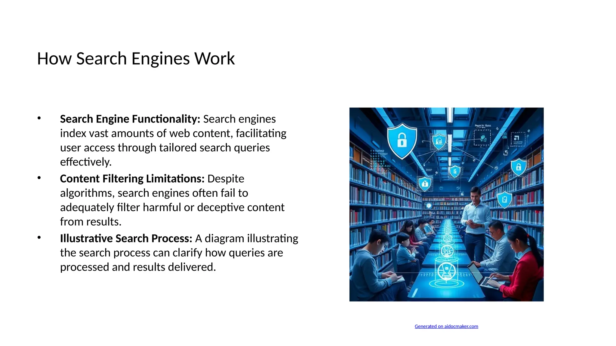 How Search Engines Work
• Search Engine Functionality: Search engines
index vast amounts of web content, facilitating
user access through tailored search queries
effectively.
• Content Filtering Limitations: Despite
algorithms, search engines often fail to
adequately filter harmful or deceptive content
from results.
• Illustrative Search Process: A diagram illustrating
the search process can clarify how queries are
processed and results delivered.
Generated on aidocmaker.com
 