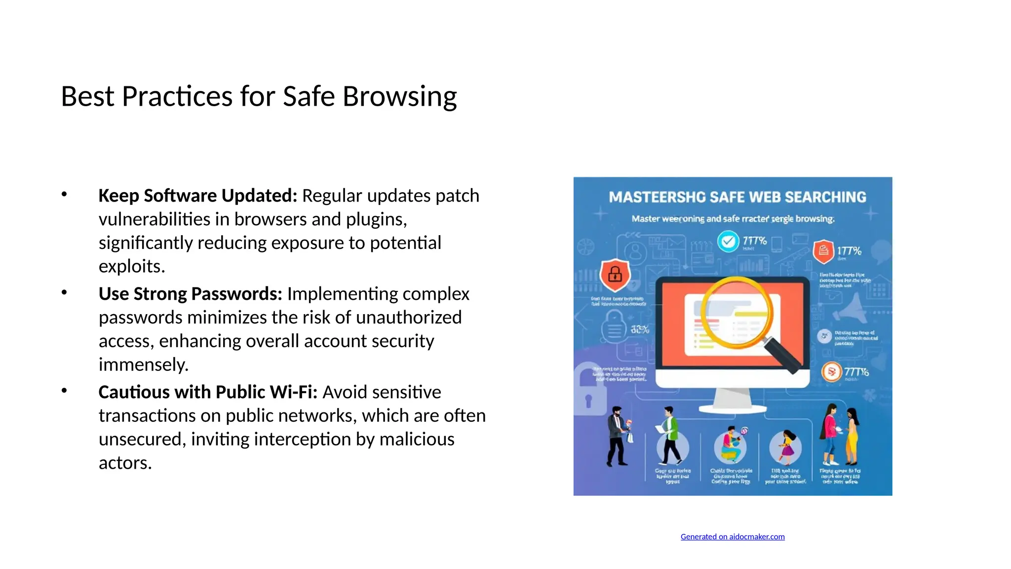 Best Practices for Safe Browsing
• Keep Software Updated: Regular updates patch
vulnerabilities in browsers and plugins,
significantly reducing exposure to potential
exploits.
• Use Strong Passwords: Implementing complex
passwords minimizes the risk of unauthorized
access, enhancing overall account security
immensely.
• Cautious with Public Wi-Fi: Avoid sensitive
transactions on public networks, which are often
unsecured, inviting interception by malicious
actors.
Generated on aidocmaker.com
 