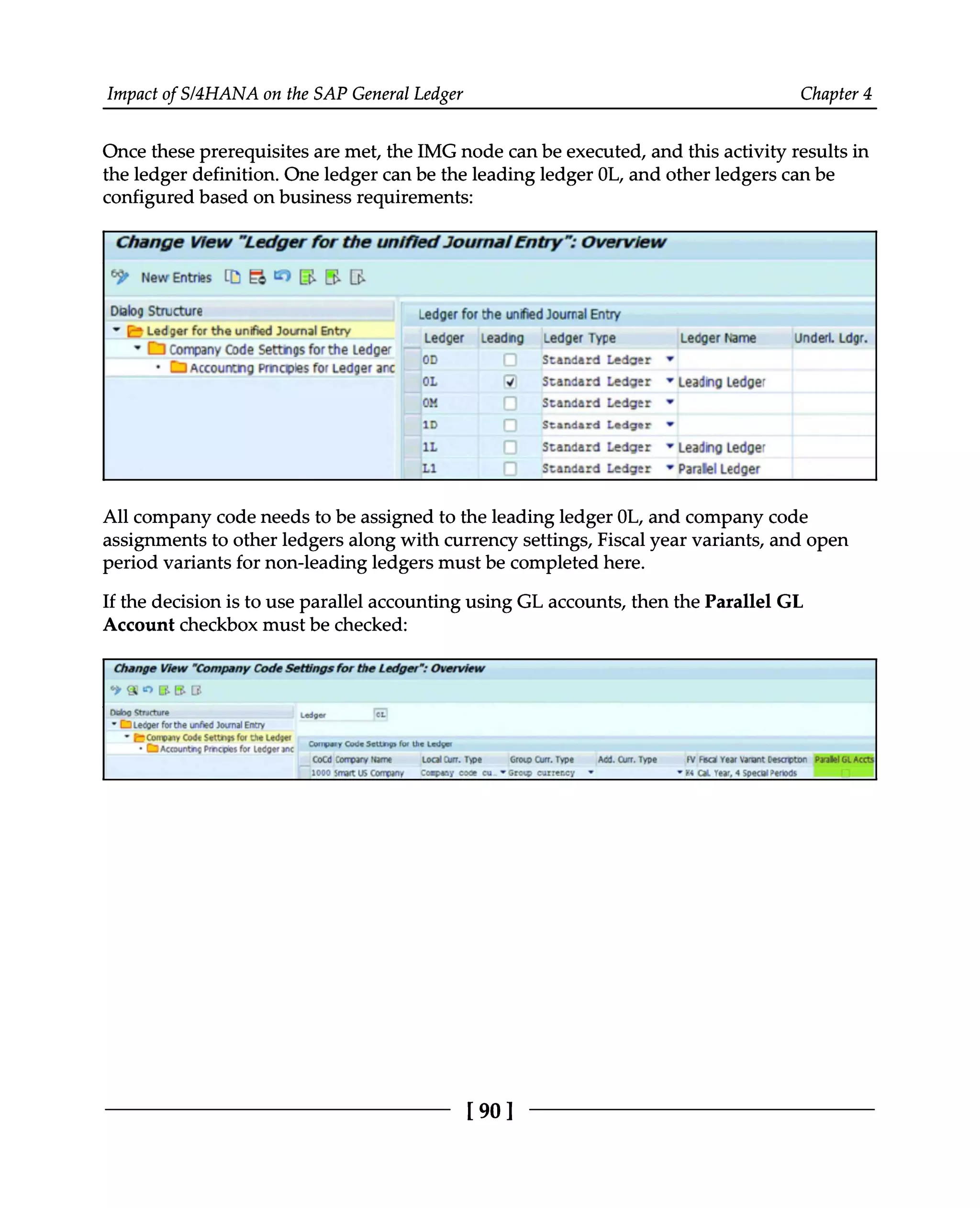 Impact of S/4HANA on the SAP General Ledger Chapter 4
Once these prerequisites are met, the IMG node can be executed, and this activity results in
the ledger definition. One ledger can be the leading ledger 0L, and other ledgers can be
configured based on business requirements:
All company code needs to be assigned to the leading ledger 0L, and company code
assignments to other ledgers along with currency settings, Fiscal year variants, and open
period variants for non-leading ledgers must be completed here.
If the decision is to use parallel accounting using GL accounts, then the Parallel GL
Account checkbox must be checked:
[90 ]
 