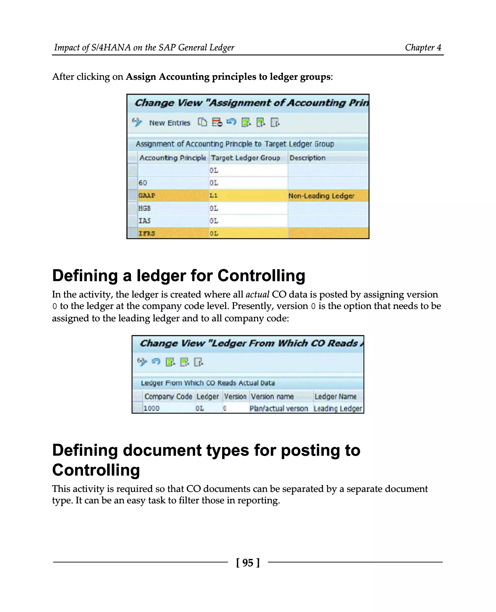 Impact of S/4HANA on the SAP General Ledger Chapter 4
After clicking on Assign Accounting principles to ledger groups:
Defining a ledger for Controlling
In the activity, the ledger is created where all actual CO data is posted by assigning version
0 to the ledger at the company code level. Presently, version 0 is the option that needs to be
assigned to the leading ledger and to all company code:
Defining document types for posting to
Controlling
This activity is required so that CO documents can be separated by a separate document
type. It can be an easy task to filter those in reporting.
[95 ]
 
