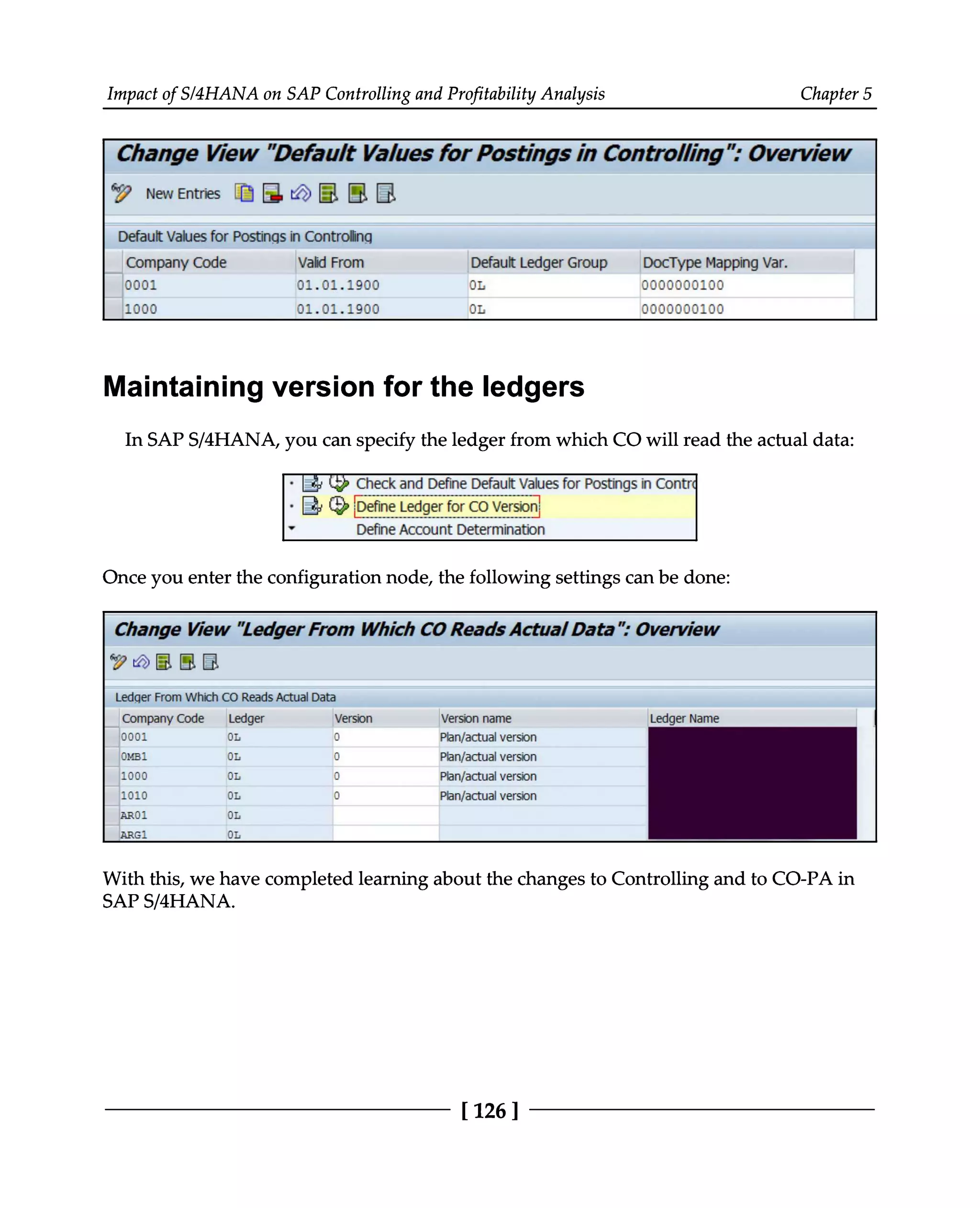 Impact of S/4HANA on SAP Controlling and Profitability Analysis Chapter 5
Maintaining version for the ledgers
In SAPS/4HANA, you can specify the ledger from which CO will read the actual data:
Once you enter the configuration node, the following settings can be done:
With this, we have completed learning about the changes to Controlling and to CO-PA in
SAPS/4HANA.
[126 ]
 