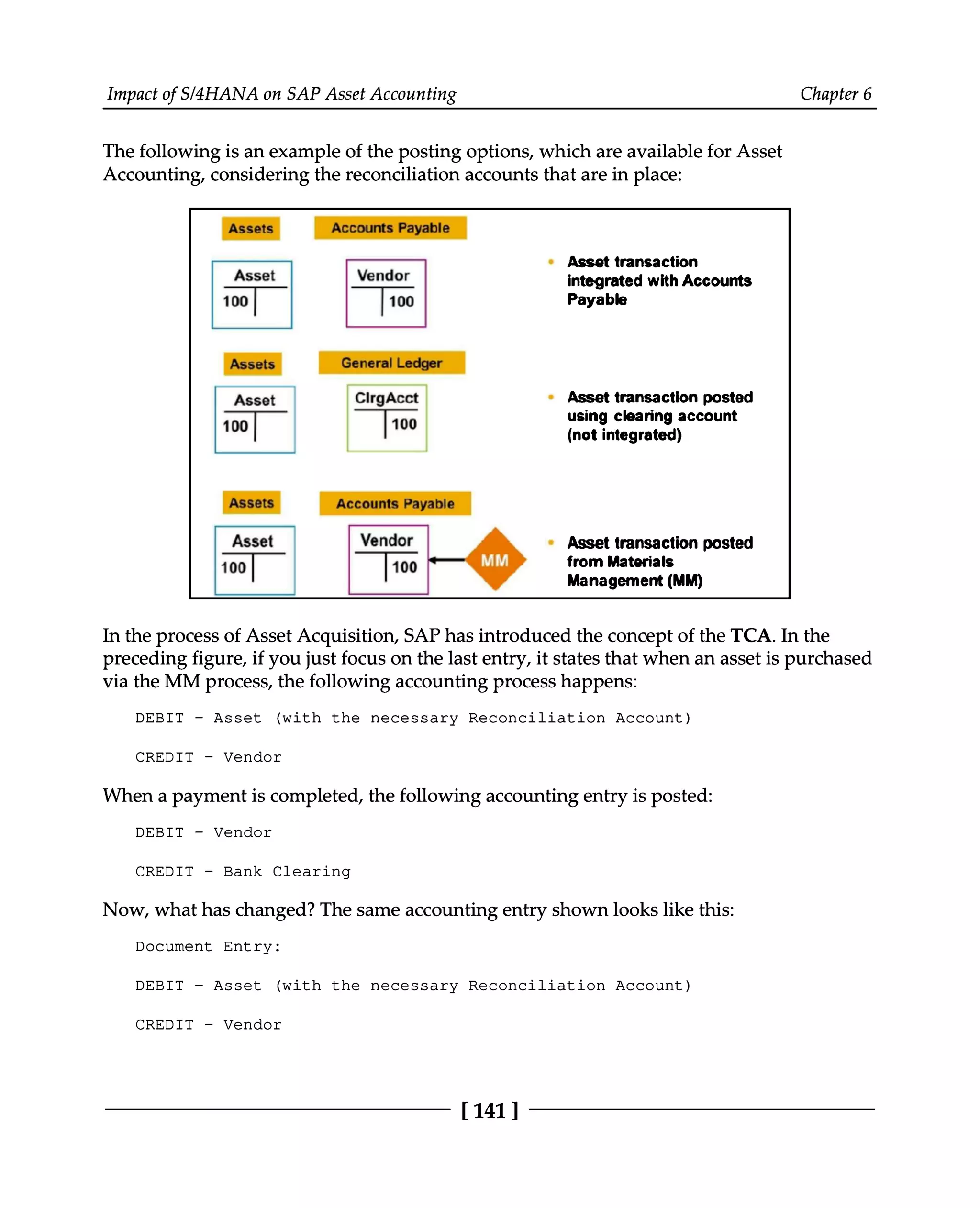 Impact of S/4HANA on SAP Asset Accounting Chapter 6
The following is an example of the posting options, which are available for Asset
Accounting, considering the reconciliation accounts that are in place:
In the process of Asset Acquisition, SAP has introduced the concept of the TCA. In the
preceding figure, if you just focus on the last entry, it states that when an asset is purchased
via the MM process, the following accounting process happens:
DEBIT - Asset (with the necessary Reconciliation Account)
CREDIT - Vendor
When a payment is completed, the following accounting entry is posted:
DEBIT - Vendor
CREDIT - Bank Clearing
Now, what has changed? The same accounting entry shown looks like this:
Document Entry:
DEBIT - Asset (with the necessary Reconciliation Account)
CREDIT - Vendor
[141 ]
 