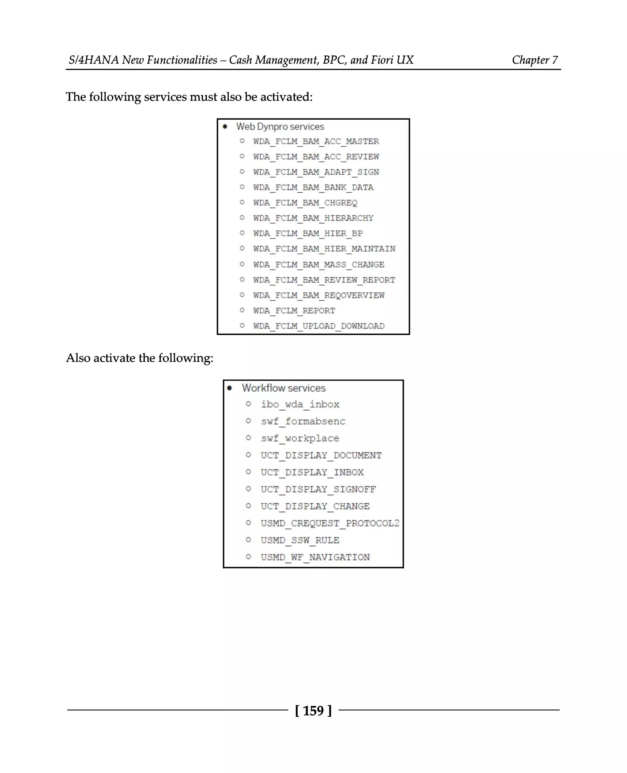 S/4HANA New Functionalities – Cash Management, BPC, and Fiori UX Chapter 7
The following services must also be activated:
Also activate the following:
[159 ]
 