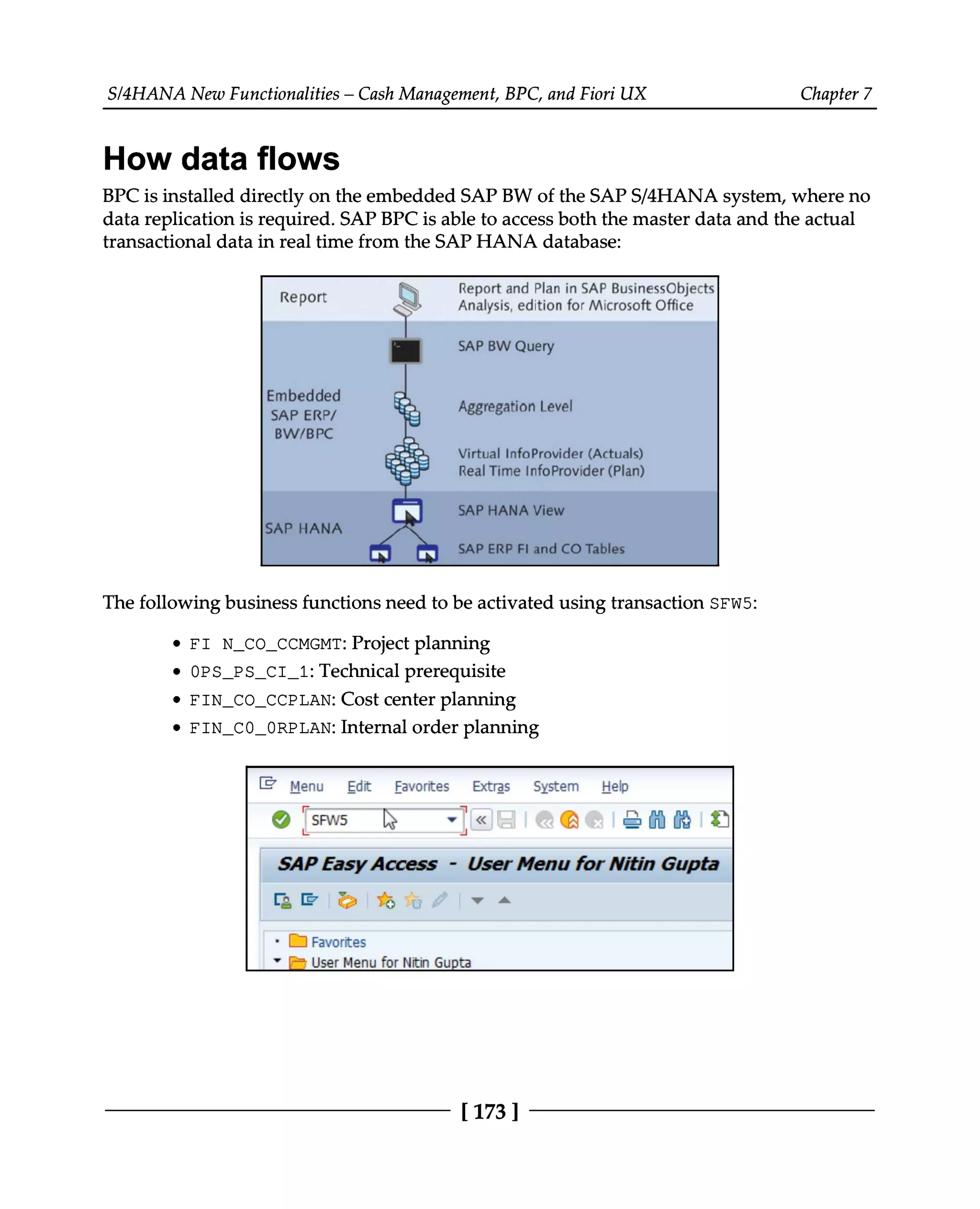 S/4HANA New Functionalities – Cash Management, BPC, and Fiori UX Chapter 7
How data flows
BPC is installed directly on the embedded SAP BW of the SAPS/4HANA system, where no
data replication is required. SAP BPC is able to access both the master data and the actual
transactional data in real time from the SAP HANA database:
The following business functions need to be activated using transaction SFW5:
FI N_CO_CCMGMT: Project planning
0PS_PS_CI_1: Technical prerequisite
FIN_CO_CCPLAN: Cost center planning
FIN_C0_0RPLAN: Internal order planning
[173 ]
 