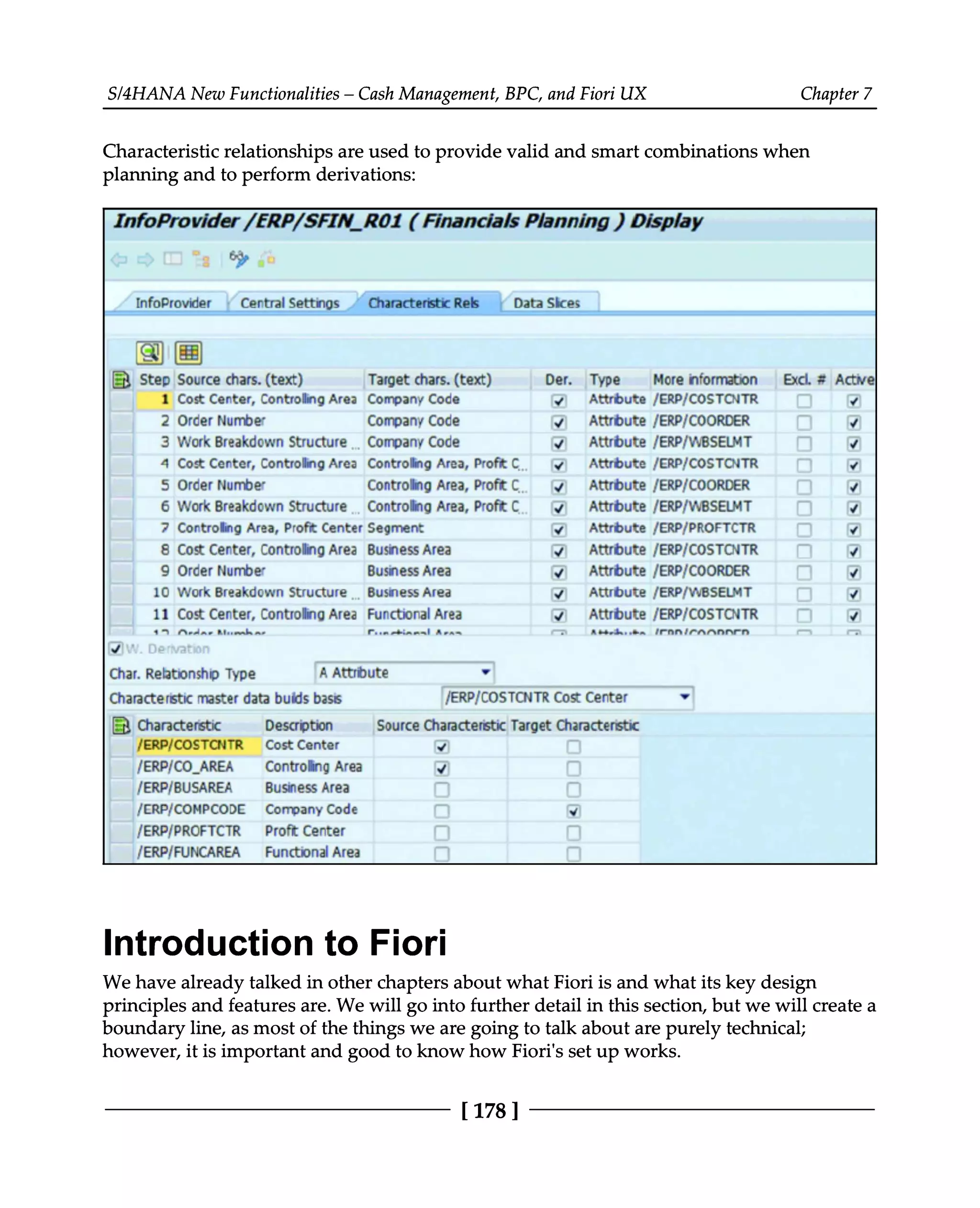 S/4HANA New Functionalities – Cash Management, BPC, and Fiori UX Chapter 7
Characteristic relationships are used to provide valid and smart combinations when
planning and to perform derivations:
Introduction to Fiori
We have already talked in other chapters about what Fiori is and what its key design
principles and features are. We will go into further detail in this section, but we will create a
boundary line, as most of the things we are going to talk about are purely technical;
however, it is important and good to know how Fiori's set up works.
[178 ]
 