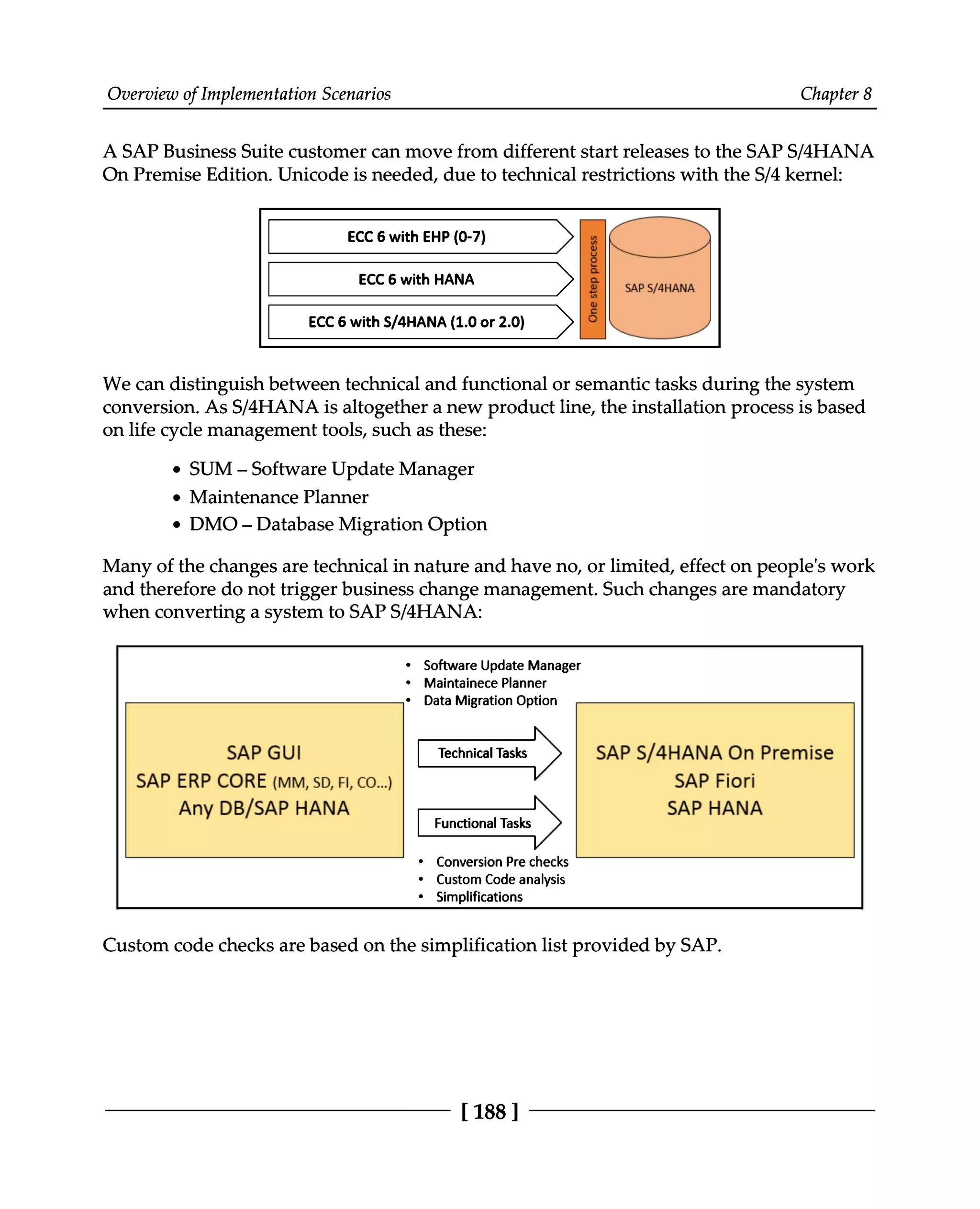 Overview of Implementation Scenarios Chapter 8
A SAP Business Suite customer can move from different start releases to the SAPS/4HANA
On Premise Edition. Unicode is needed, due to technical restrictions with the S/4 kernel:
We can distinguish between technical and functional or semantic tasks during the system
conversion. As S/4HANA is altogether a new product line, the installation process is based
on life cycle management tools, such as these:
SUM – Software Update Manager
Maintenance Planner
DMO – Database Migration Option
Many of the changes are technical in nature and have no, or limited, effect on people's work
and therefore do not trigger business change management. Such changes are mandatory
when converting a system to SAPS/4HANA:
Custom code checks are based on the simplification list provided by SAP.
[188 ]
 