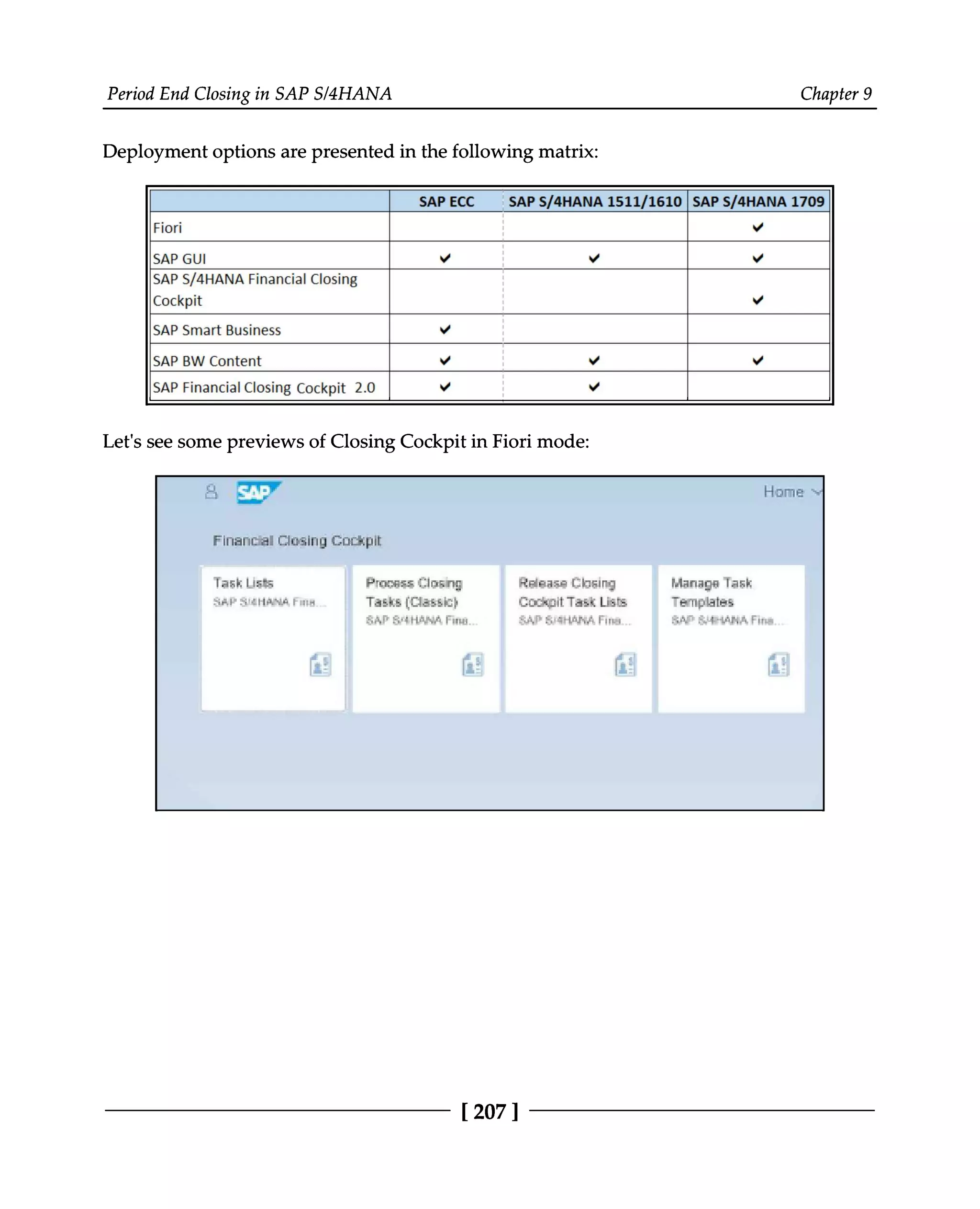 Period End Closing in SAP S/4HANA Chapter 9
Deployment options are presented in the following matrix:
Let's see some previews of Closing Cockpit in Fiori mode:
[207 ]
 