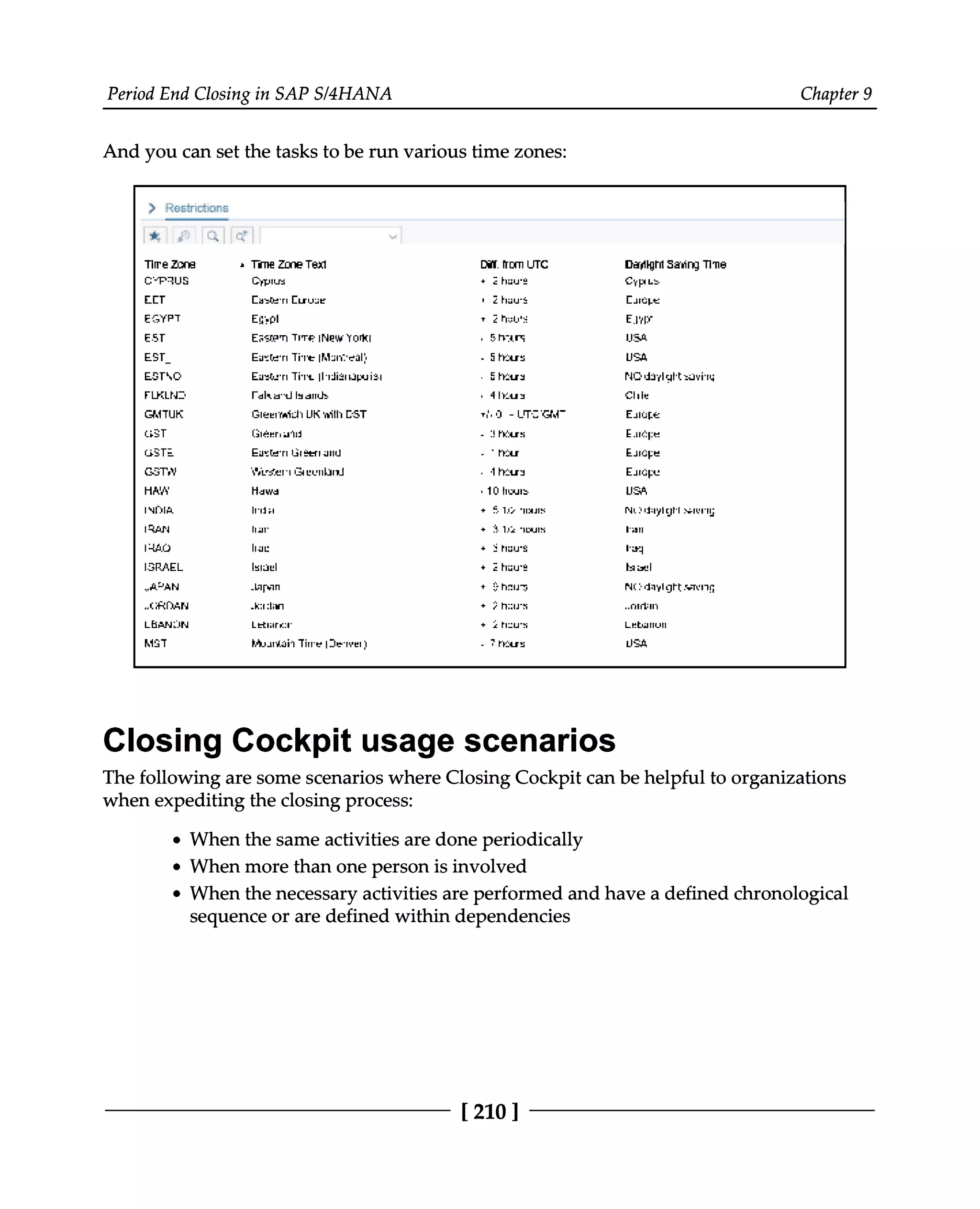 Period End Closing in SAP S/4HANA Chapter 9
And you can set the tasks to be run various time zones:
Closing Cockpit usage scenarios
The following are some scenarios where Closing Cockpit can be helpful to organizations
when expediting the closing process:
When the same activities are done periodically
When more than one person is involved
When the necessary activities are performed and have a defined chronological
sequence or are defined within dependencies
[210 ]
 