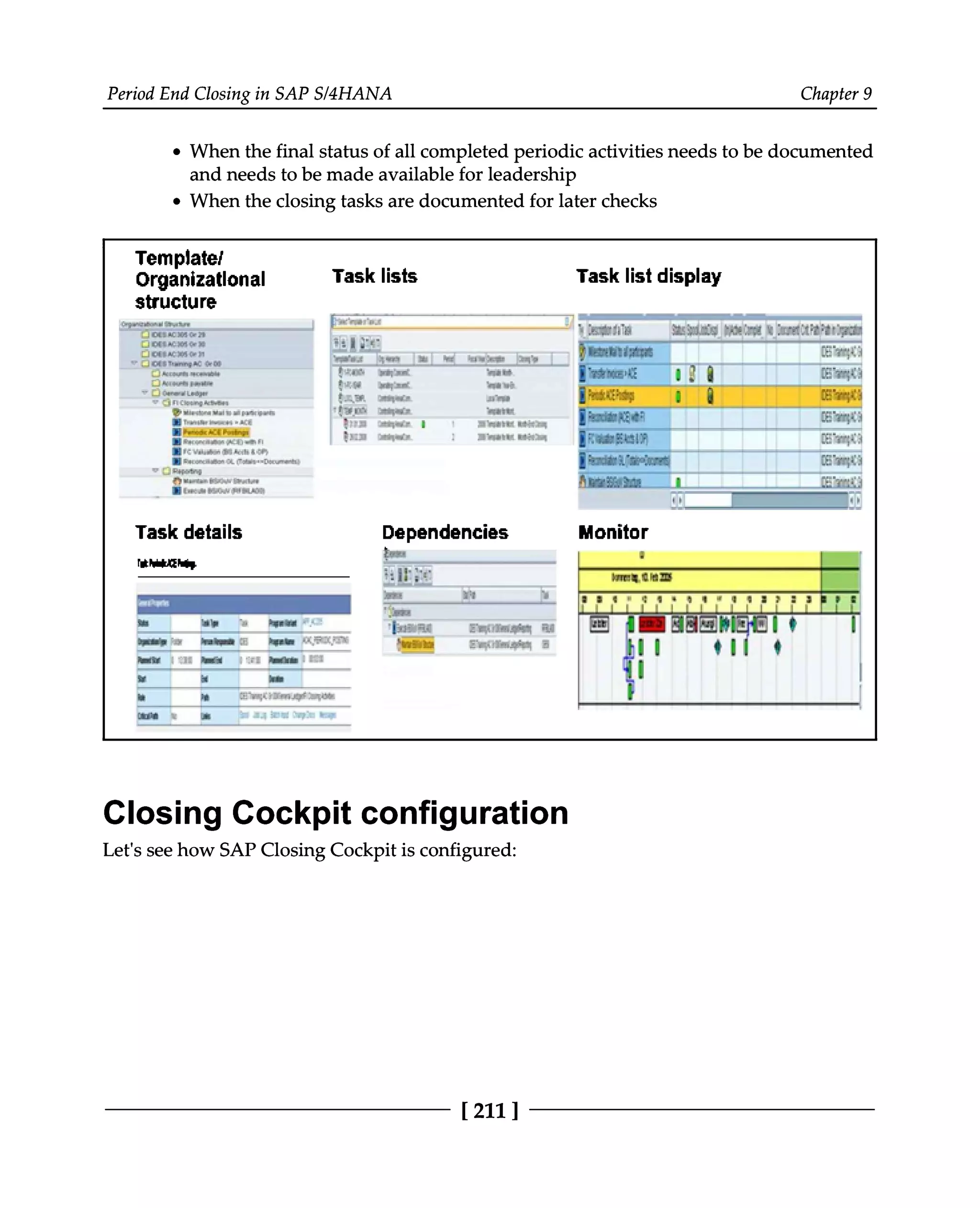Period End Closing in SAP S/4HANA Chapter 9
When the final status of all completed periodic activities needs to be documented
and needs to be made available for leadership
When the closing tasks are documented for later checks
Closing Cockpit configuration
Let's see how SAP Closing Cockpit is configured:
[211 ]
 