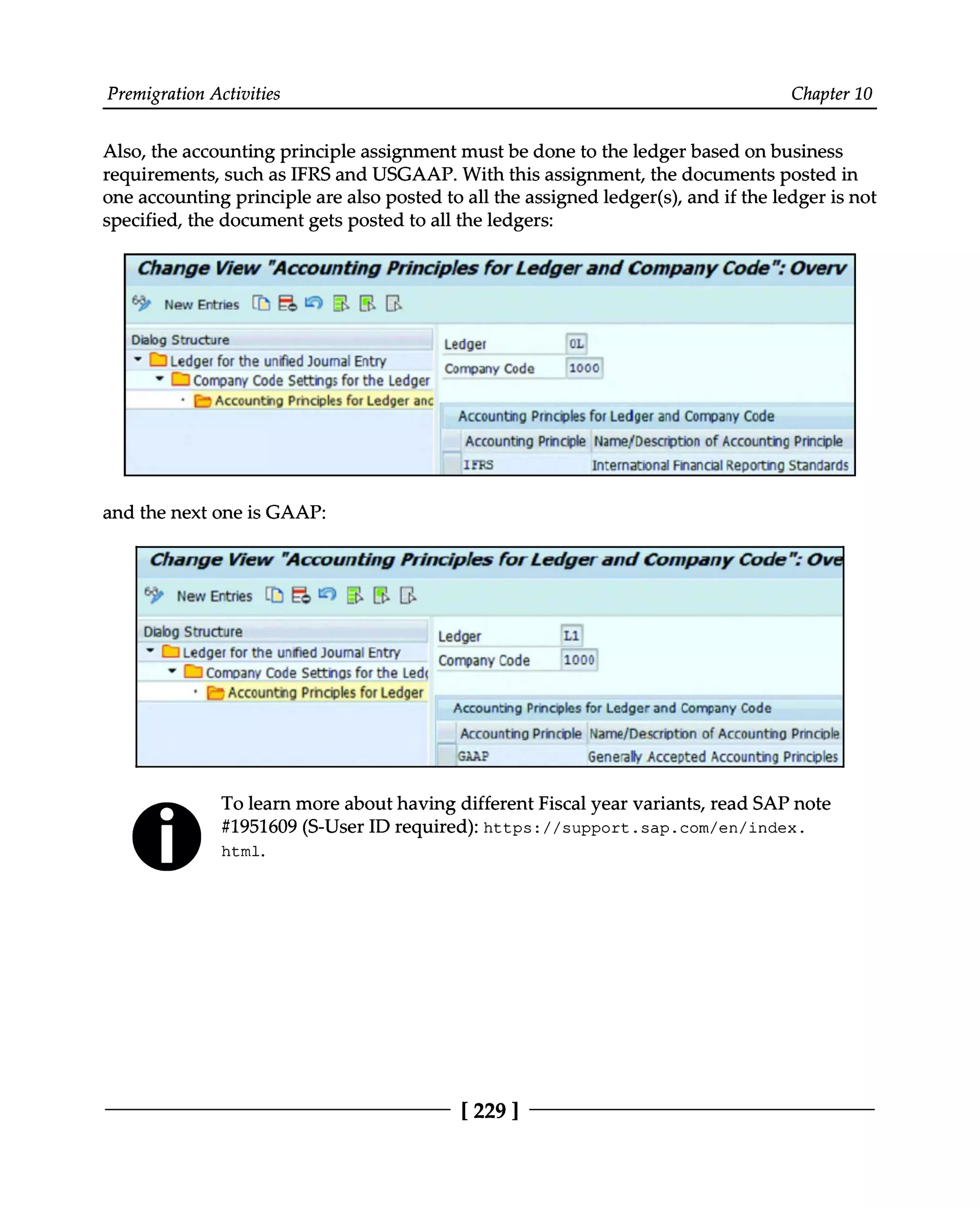 Premigration Activities Chapter 10
Also, the accounting principle assignment must be done to the ledger based on business
requirements, such as IFRS and USGAAP. With this assignment, the documents posted in
one accounting principle are also posted to all the assigned ledger(s), and if the ledger is not
specified, the document gets posted to all the ledgers:
and the next one is GAAP:
To learn more about having different Fiscal year variants, read SAP note
#1951609 (S-User ID required): https://support.sap.com/en/index.
html.
[229 ]
 