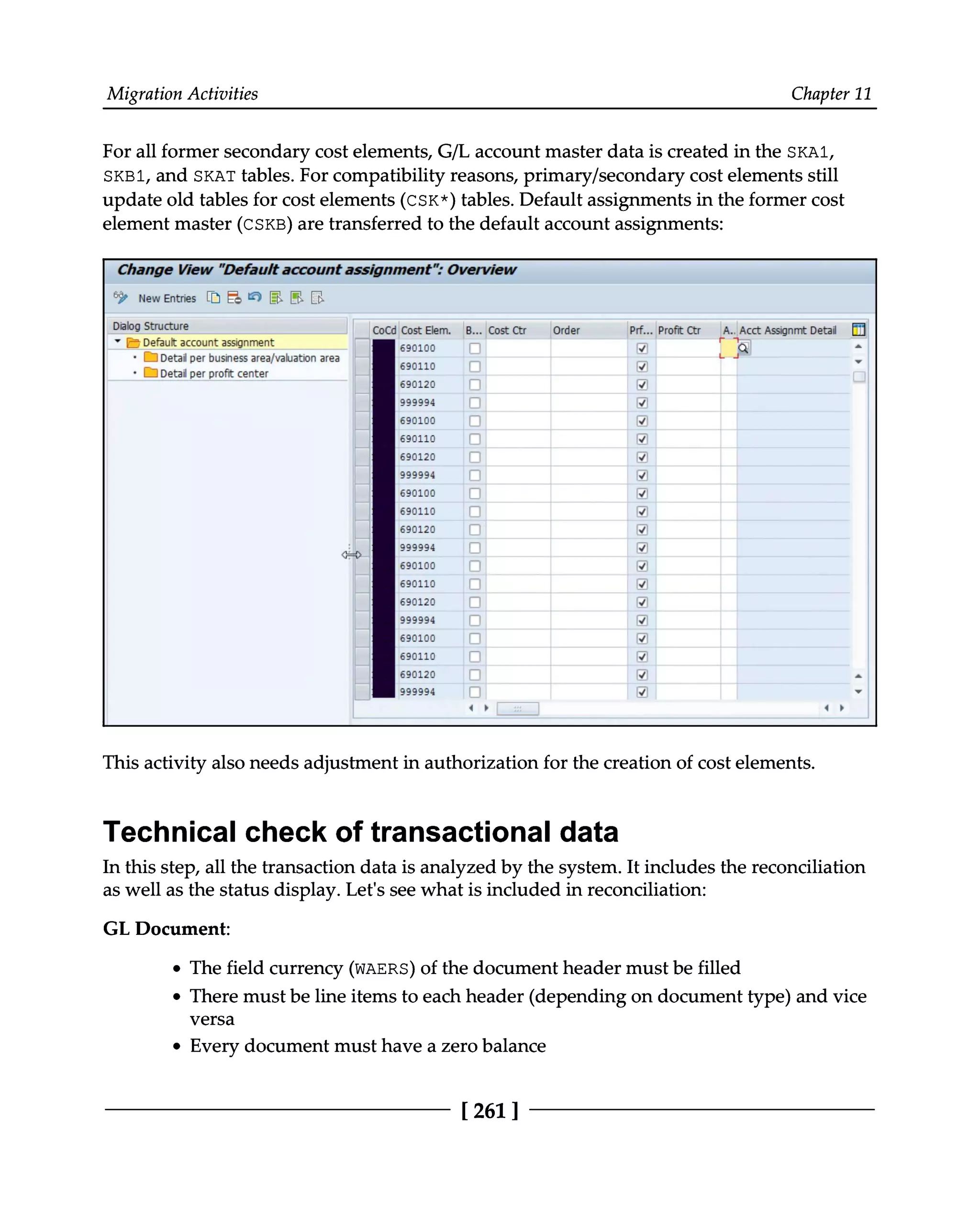 Migration Activities Chapter 11
For all former secondary cost elements, G/L account master data is created in the SKA1,
SKB1, and SKAT tables. For compatibility reasons, primary/secondary cost elements still
update old tables for cost elements (CSK*) tables. Default assignments in the former cost
element master (CSKB) are transferred to the default account assignments:
This activity also needs adjustment in authorization for the creation of cost elements.
Technical check of transactional data
In this step, all the transaction data is analyzed by the system. It includes the reconciliation
as well as the status display. Let's see what is included in reconciliation:
GL Document:
The field currency (WAERS) of the document header must be filled
There must be line items to each header (depending on document type) and vice
versa
Every document must have a zero balance
[261 ]
 
