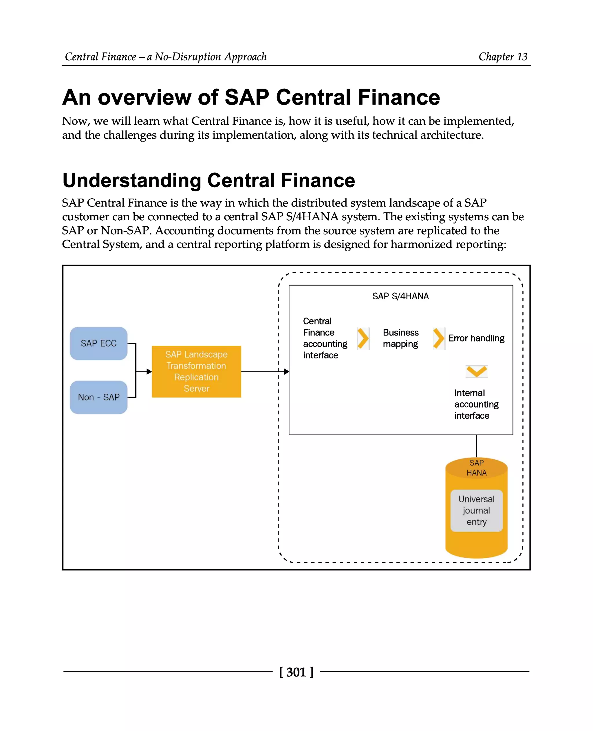 Central Finance – a No-Disruption Approach Chapter 13
An overview of SAP Central Finance
Now, we will learn what Central Finance is, how it is useful, how it can be implemented,
and the challenges during its implementation, along with its technical architecture.
Understanding Central Finance
SAP Central Finance is the way in which the distributed system landscape of a SAP
customer can be connected to a central SAPS/4HANA system. The existing systems can be
SAP or Non-SAP. Accounting documents from the source system are replicated to the
Central System, and a central reporting platform is designed for harmonized reporting:
[301 ]
 