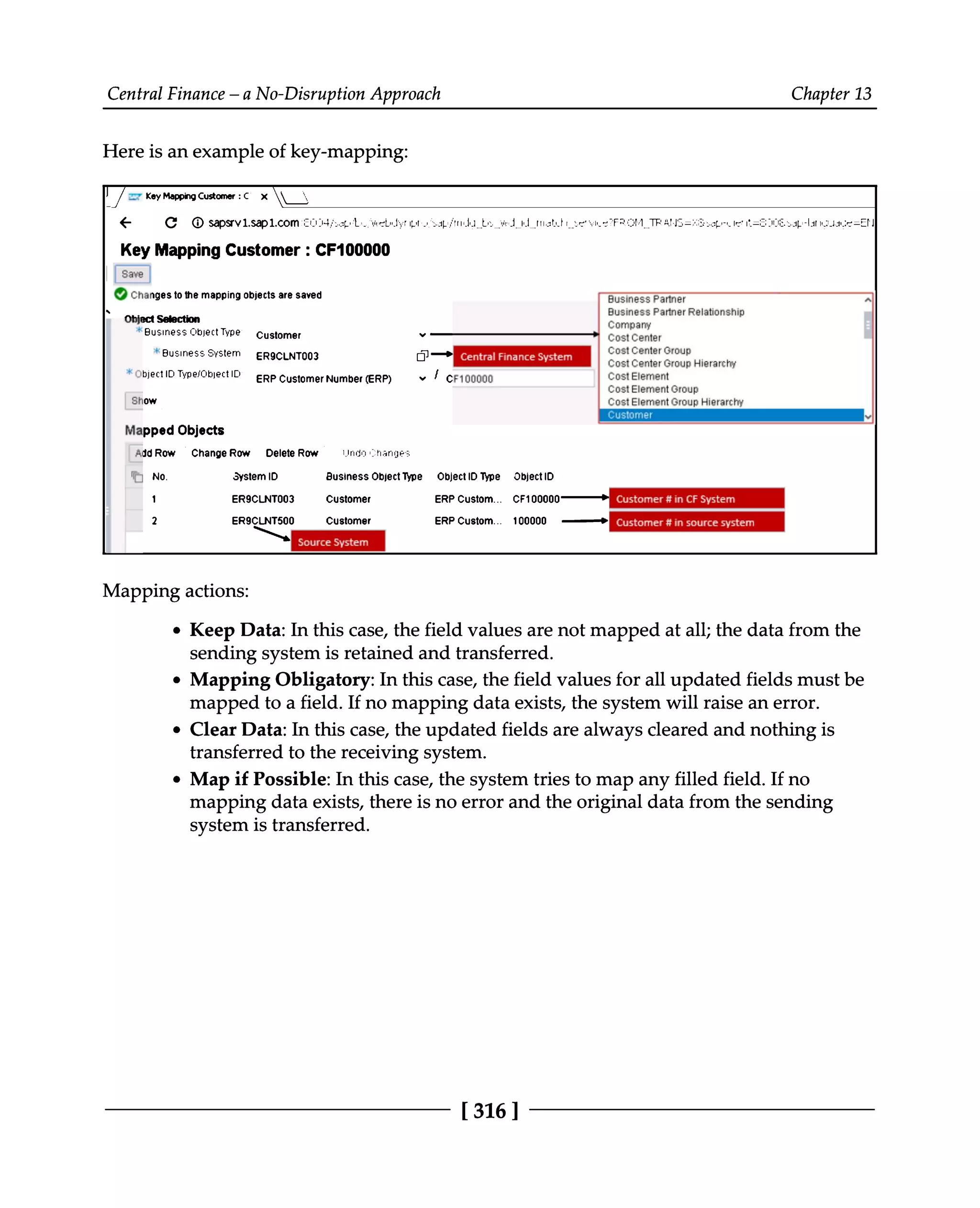 Central Finance – a No-Disruption Approach Chapter 13
Here is an example of key-mapping:
Mapping actions:
Keep Data: In this case, the field values are not mapped at all; the data from the
sending system is retained and transferred.
Mapping Obligatory: In this case, the field values for all updated fields must be
mapped to a field. If no mapping data exists, the system will raise an error.
Clear Data: In this case, the updated fields are always cleared and nothing is
transferred to the receiving system.
Map if Possible: In this case, the system tries to map any filled field. If no
mapping data exists, there is no error and the original data from the sending
system is transferred.
[316 ]
 