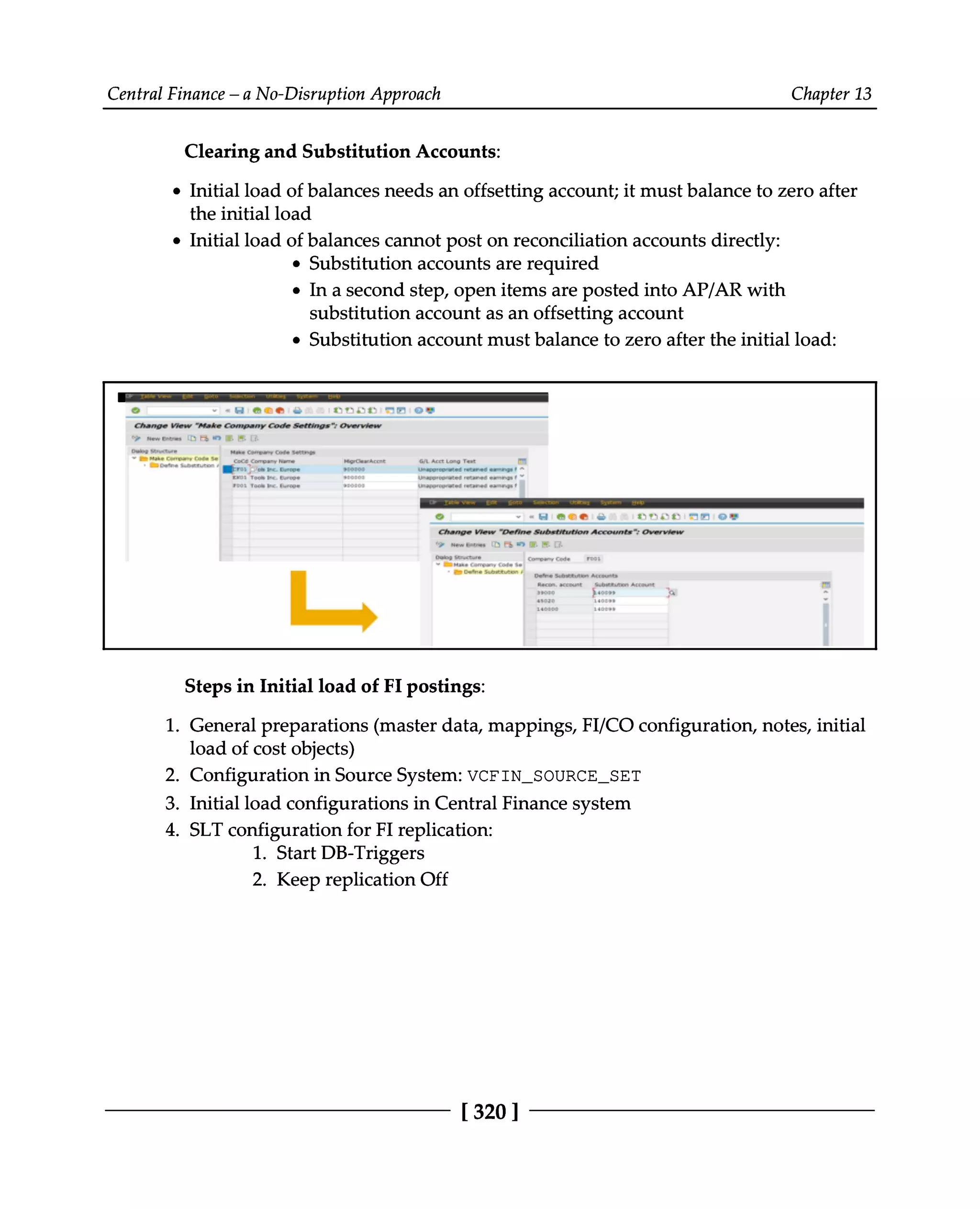 Central Finance – a No-Disruption Approach Chapter 13
Clearing and Substitution Accounts:
Initial load of balances needs an offsetting account; it must balance to zero after
the initial load
Initial load of balances cannot post on reconciliation accounts directly:
Substitution accounts are required
In a second step, open items are posted into AP/AR with
substitution account as an offsetting account
Substitution account must balance to zero after the initial load:
Steps in Initial load of FI postings:
1. General preparations (master data, mappings, FI/CO configuration, notes, initial
load of cost objects)
2. Configuration in Source System: VCFIN_SOURCE_SET
3. Initial load configurations in Central Finance system
4. SLT configuration for FI replication:
1. Start DB-Triggers
2. Keep replication Off
[320 ]
 