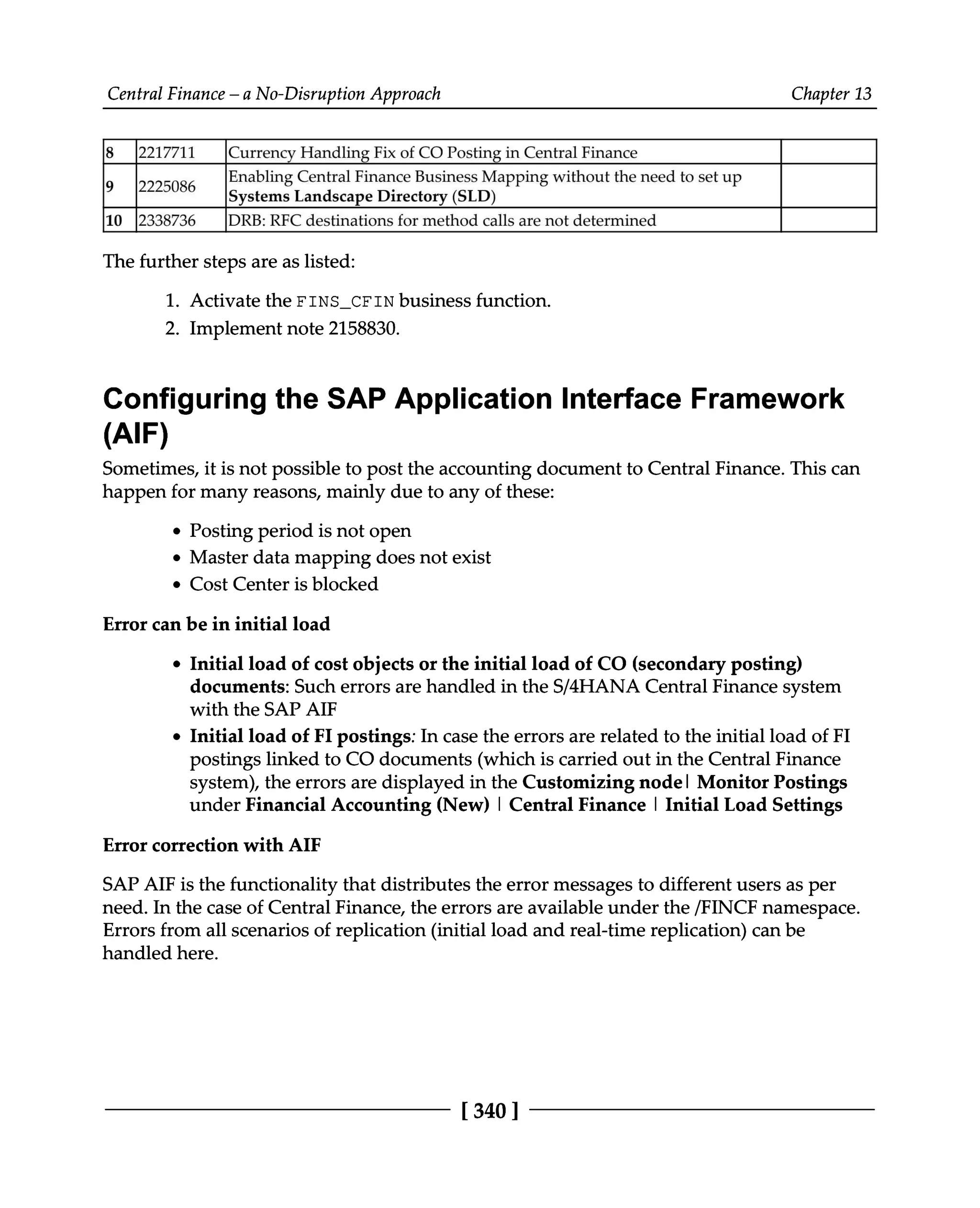 Central Finance – a No-Disruption Approach Chapter 13
8 2217711 Currency Handling Fix of CO Posting in Central Finance
Enabling Central Finance Business Mapping without the need to set up
Systems Landscape Directory (SLD)
10 2338736 DRB: RFC destinations for method calls are not determined
9 2225086
The further steps are as listed:
1. Activate the FINS_CFIN business function.
2. Implement note 2158830.
Configuring the SAP Application Interface Framework
(AIF)
Sometimes, it is not possible to post the accounting document to Central Finance. This can
happen for many reasons, mainly due to any of these:
Posting period is not open
Master data mapping does not exist
Cost Center is blocked
Error can be in initial load
Initial load of cost objects or the initial load of CO (secondary posting)
documents: Such errors are handled in the S/4HANA Central Finance system
with the SAP AIF
Initial load of FI postings: In case the errors are related to the initial load of FI
postings linked to CO documents (which is carried out in the Central Finance
system), the errors are displayed in the Customizing node| Monitor Postings
under Financial Accounting (New) | Central Finance | Initial Load Settings
Error correction with AIF
SAP AIF is the functionality that distributes the error messages to different users as per
need. In the case of Central Finance, the errors are available under the /FINCF namespace.
Errors from all scenarios of replication (initial load and real-time replication) can be
handled here.
[340 ]
 
