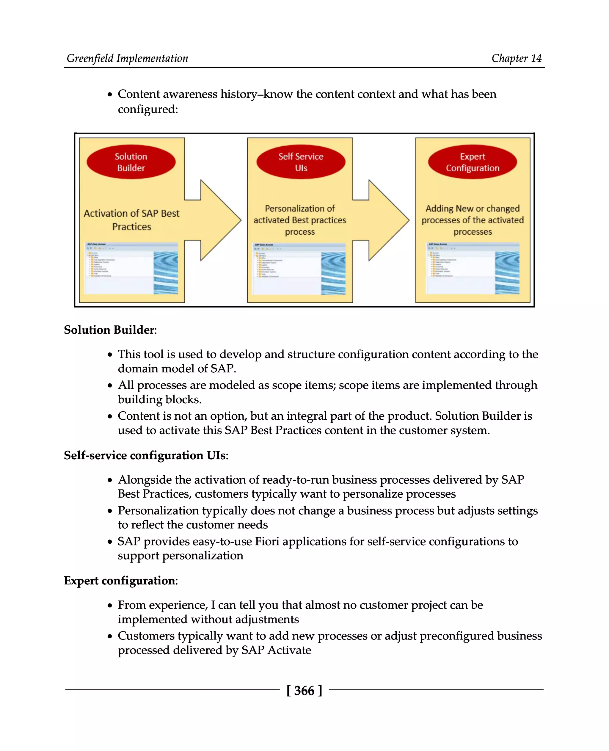 Greenfield Implementation Chapter 14
Content awareness history–know the content context and what has been
configured:
Solution Builder:
This tool is used to develop and structure configuration content according to the
domain model of SAP.
All processes are modeled as scope items; scope items are implemented through
building blocks.
Content is not an option, but an integral part of the product. Solution Builder is
used to activate this SAP Best Practices content in the customer system.
Self-service configuration UIs:
Alongside the activation of ready-to-run business processes delivered by SAP
Best Practices, customers typically want to personalize processes
Personalization typically does not change a business process but adjusts settings
to reflect the customer needs
SAP provides easy-to-use Fiori applications for self-service configurations to
support personalization
Expert configuration:
From experience, I can tell you that almost no customer project can be
implemented without adjustments
Customers typically want to add new processes or adjust preconfigured business
processed delivered by SAP Activate
[366 ]
 