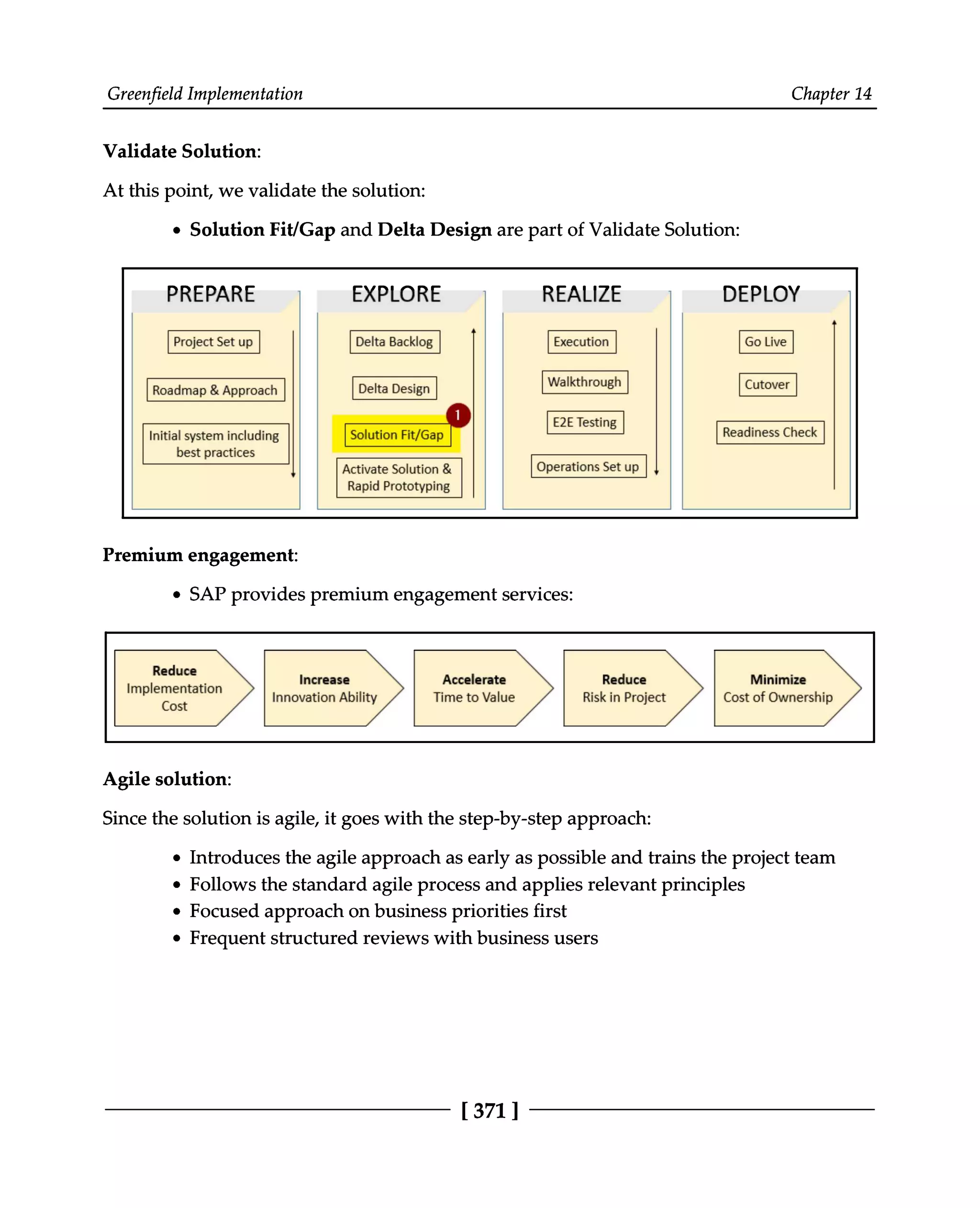 Greenfield Implementation Chapter 14
Validate Solution:
At this point, we validate the solution:
Solution Fit/Gap and Delta Design are part of Validate Solution:
Premium engagement:
SAP provides premium engagement services:
Agile solution:
Since the solution is agile, it goes with the step-by-step approach:
Introduces the agile approach as early as possible and trains the project team
Follows the standard agile process and applies relevant principles
Focused approach on business priorities first
Frequent structured reviews with business users
[371 ]
 