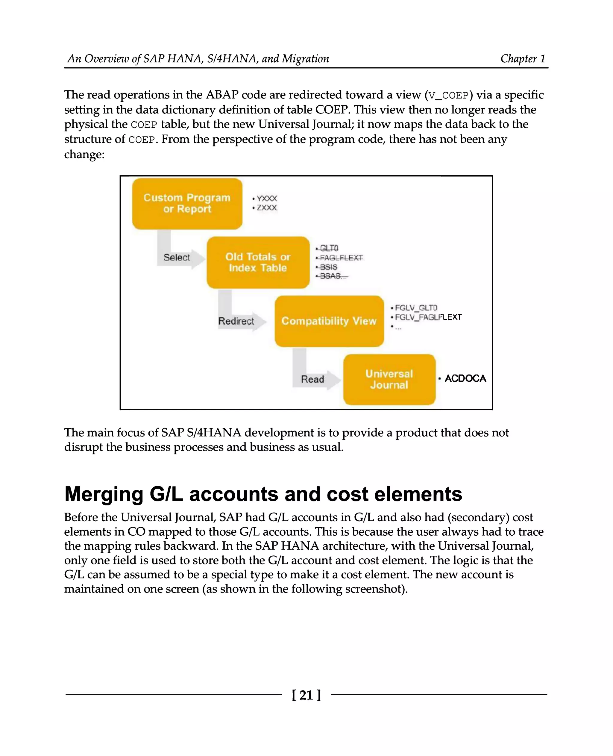 An Overview of SAP HANA, S/4HANA, and Migration Chapter 1
The read operations in the ABAP code are redirected toward a view (V_COEP) via a specific
setting in the data dictionary definition of table COEP. This view then no longer reads the
physical the COEP table, but the new Universal Journal; it now maps the data back to the
structure of COEP. From the perspective of the program code, there has not been any
change:
The main focus of SAPS/4HANA development is to provide a product that does not
disrupt the business processes and business as usual.
Merging G/L accounts and cost elements
Before the Universal Journal, SAP had G/L accounts in G/L and also had (secondary) cost
elements in CO mapped to those G/L accounts. This is because the user always had to trace
the mapping rules backward. In the SAP HANA architecture, with the Universal Journal,
only one field is used to store both the G/L account and cost element. The logic is that the
G/L can be assumed to be a special type to make it a cost element. The new account is
maintained on one screen (as shown in the following screenshot).
[21]
 