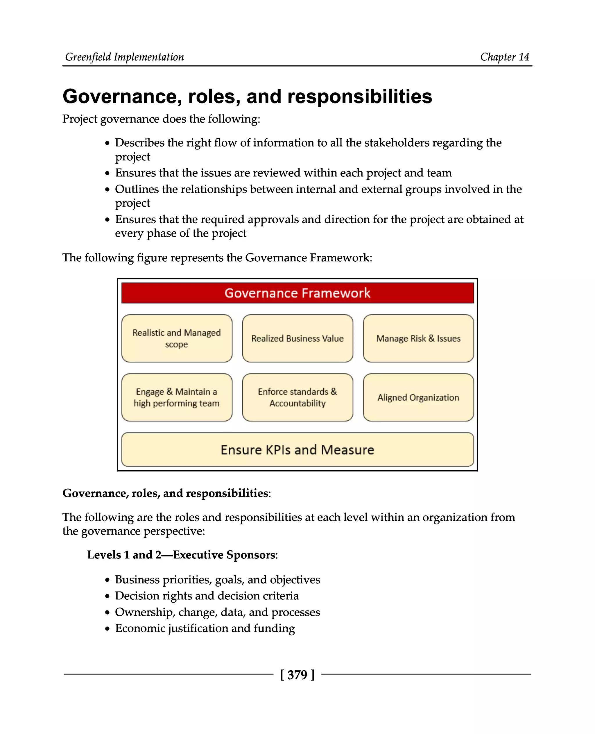 Greenfield Implementation Chapter 14
Governance, roles, and responsibilities
Project governance does the following:
Describes the right flow of information to all the stakeholders regarding the
project
Ensures that the issues are reviewed within each project and team
Outlines the relationships between internal and external groups involved in the
project
Ensures that the required approvals and direction for the project are obtained at
every phase of the project
The following figure represents the Governance Framework:
Governance, roles, and responsibilities:
The following are the roles and responsibilities at each level within an organization from
the governance perspective:
Levels 1 and 2—Executive Sponsors:
Business priorities, goals, and objectives
Decision rights and decision criteria
Ownership, change, data, and processes
Economic justification and funding
[379 ]
 