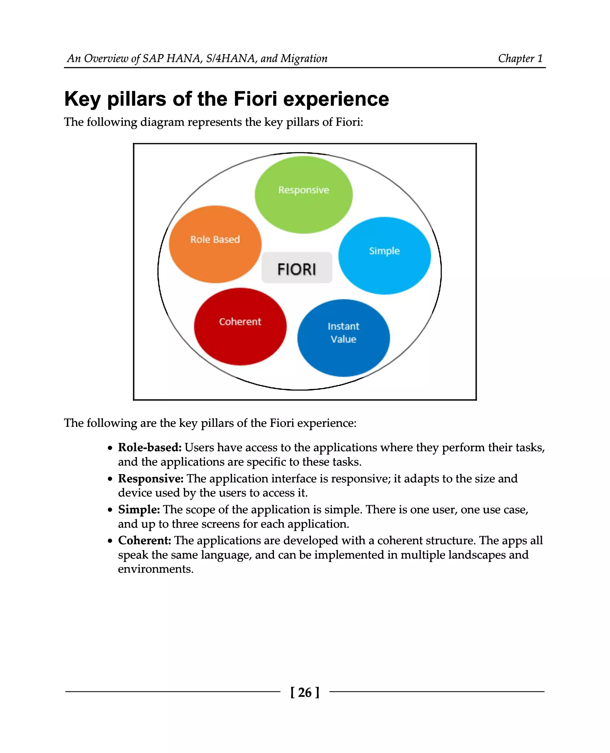 An Overview of SAP HANA, S/4HANA, and Migration Chapter 1
Key pillars of the Fiori experience
The following diagram represents the key pillars of Fiori:
The following are the key pillars of the Fiori experience:
Role-based: Users have access to the applications where they perform their tasks,
and the applications are specific to these tasks.
Responsive: The application interface is responsive; it adapts to the size and
device used by the users to access it.
Simple: The scope of the application is simple. There is one user, one use case,
and up to three screens for each application.
Coherent: The applications are developed with a coherent structure. The apps all
speak the same language, and can be implemented in multiple landscapes and
environments.
[26 ]
 