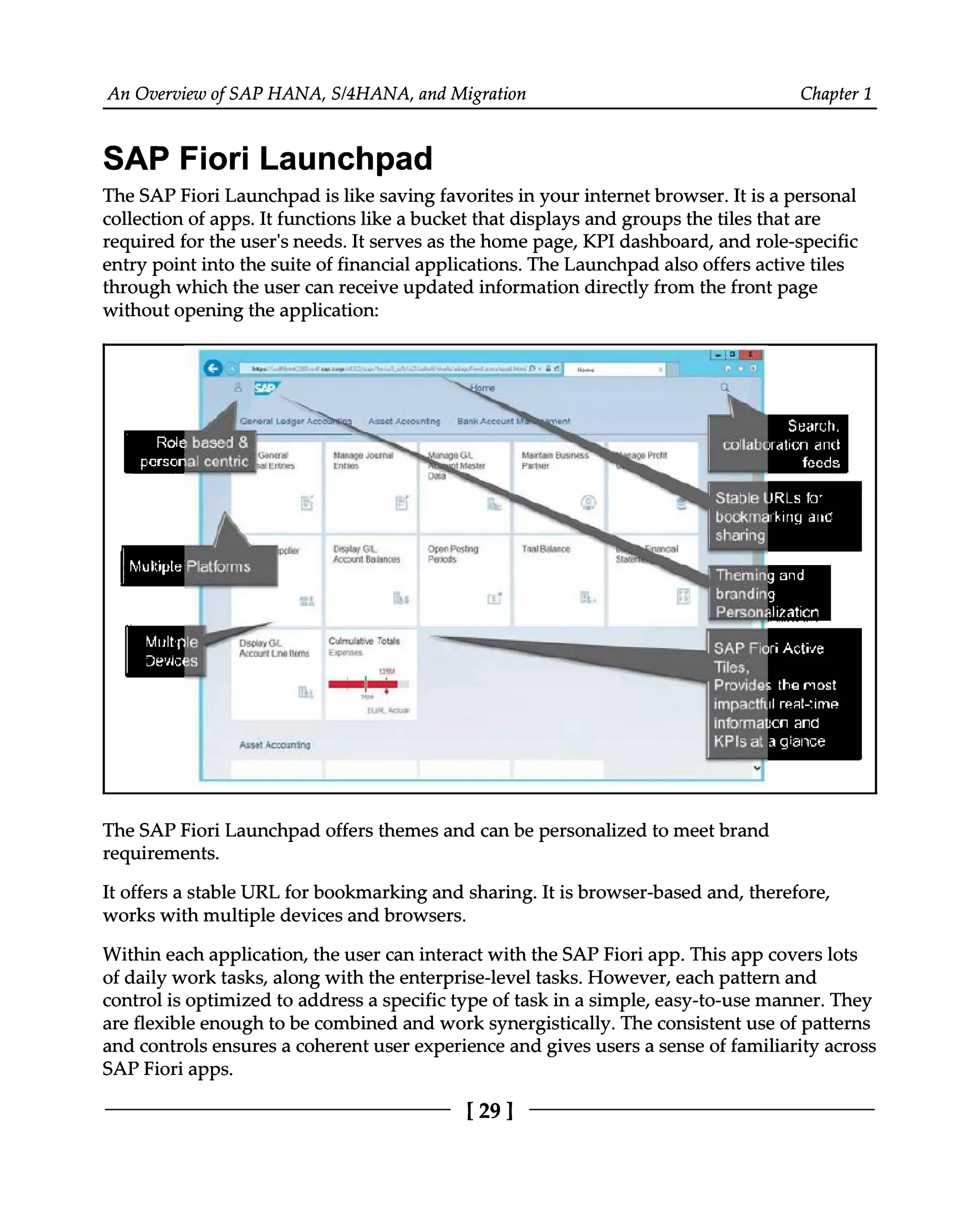 An Overview of SAP HANA, S/4HANA, and Migration Chapter 1
SAP Fiori Launchpad
The SAP Fiori Launchpad is like saving favorites in your internet browser. It is a personal
collection of apps. It functions like a bucket that displays and groups the tiles that are
required for the user's needs. It serves as the home page, KPI dashboard, and role-specific
entry point into the suite of financial applications. The Launchpad also offers active tiles
through which the user can receive updated information directly from the front page
without opening the application:
The SAP Fiori Launchpad offers themes and can be personalized to meet brand
requirements.
It offers a stable URL for bookmarking and sharing. It is browser-based and, therefore,
works with multiple devices and browsers.
Within each application, the user can interact with the SAP Fiori app. This app covers lots
of daily work tasks, along with the enterprise-level tasks. However, each pattern and
control is optimized to address a specific type of task in a simple, easy-to-use manner. They
are flexible enough to be combined and work synergistically. The consistent use of patterns
and controls ensures a coherent user experience and gives users a sense of familiarity across
SAP Fiori apps.
[29]
 