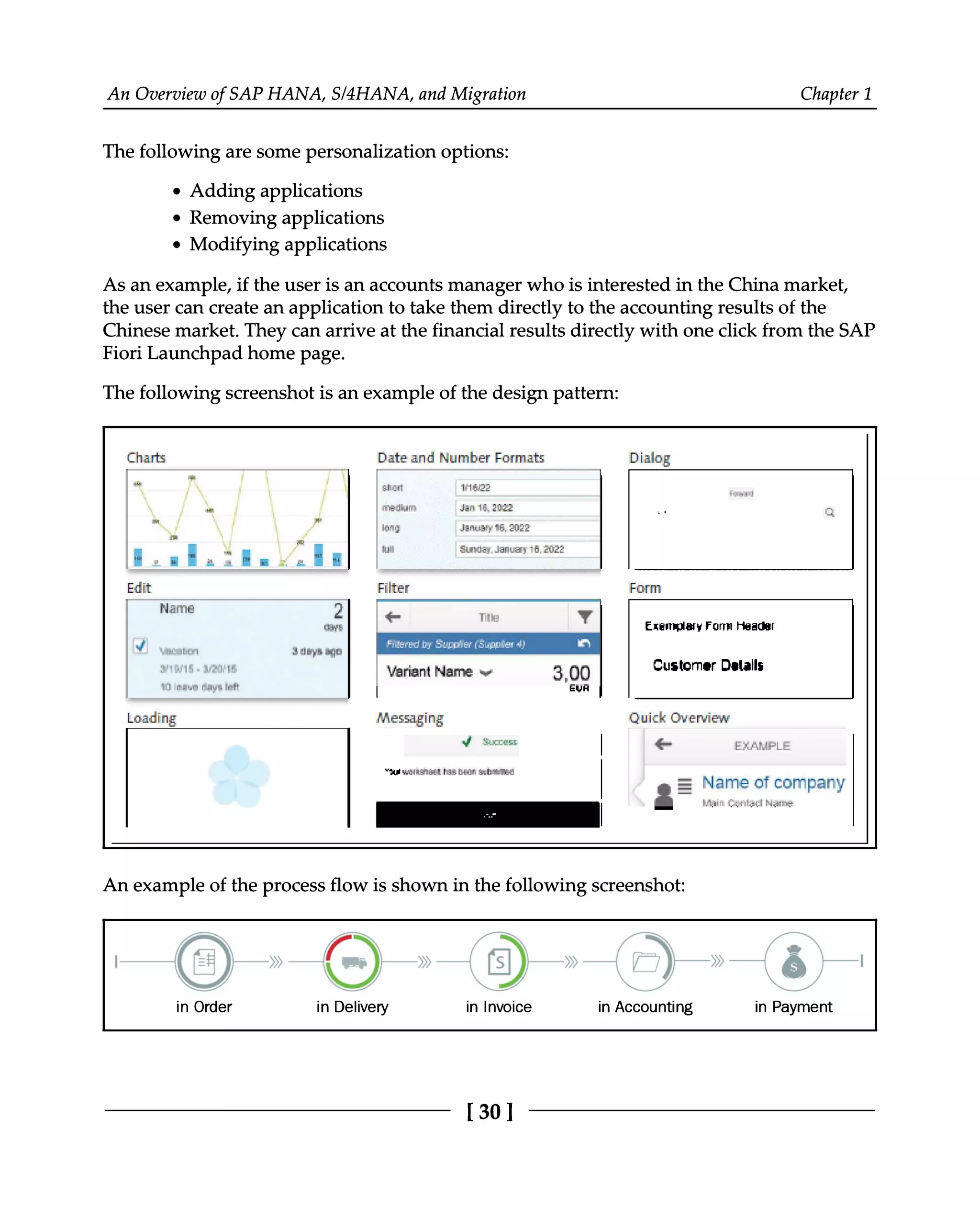 An Overview of SAP HANA, S/4HANA, and Migration Chapter 1
The following are some personalization options:
Adding applications
Removing applications
Modifying applications
As an example, if the user is an accounts manager who is interested in the China market,
the user can create an application to take them directly to the accounting results of the
Chinese market. They can arrive at the financial results directly with one click from the SAP
Fiori Launchpad home page.
The following screenshot is an example of the design pattern:
An example of the process flow is shown in the following screenshot:
[30 ]
 