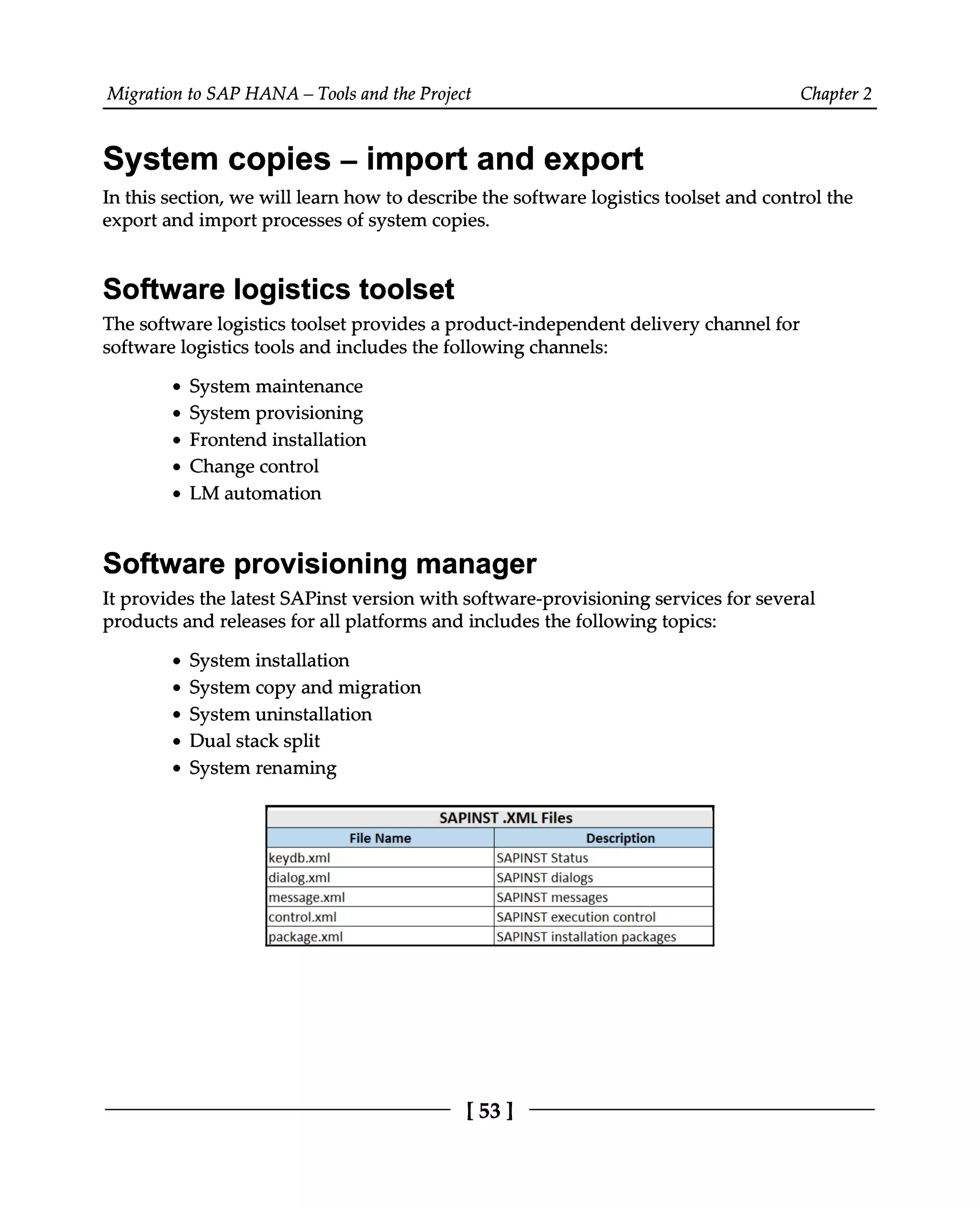 Migration to SAP HANA – Tools and the Project Chapter 2
System copies ‒ import and export
In this section, we will learn how to describe the software logistics toolset and control the
export and import processes of system copies.
Software logistics toolset
The software logistics toolset provides a product-independent delivery channel for
software logistics tools and includes the following channels:
System maintenance
System provisioning
Frontend installation
Change control
LM automation
Software provisioning manager
It provides the latest SAPinst version with software-provisioning services for several
products and releases for all platforms and includes the following topics:
System installation
System copy and migration
System uninstallation
Dual stack split
System renaming
[53]
 