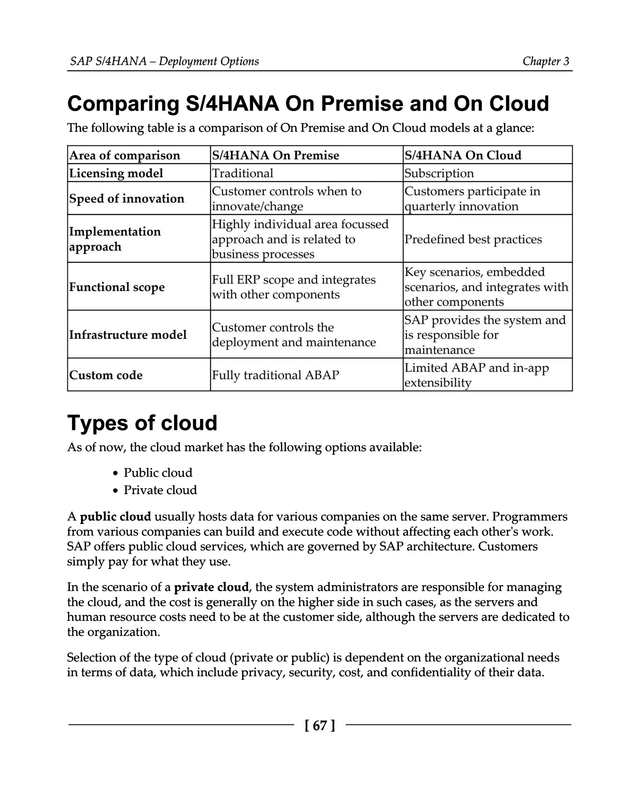 SAPS/4HANA – Deployment Options Chapter 3
Comparing S/4HANA On Premise and On Cloud
The following table is a comparison of On Premise and On Cloud models at a glance:
Area of comparison S/4HANA On Premise S/4HANA On Cloud
Licensing model Traditional Subscription
Speed of innovation Customer controls when to
innovate/change Customers participate in
quarterly innovation
Implementation
approach
Highly individual area focussed
approach and is related to Predefined best practices
business processes
Key scenarios, embedded
scenarios, and integrates with
other components
SAP provides the system and
is responsible for
maintenance
Limited ABAP and in-app
extensibility
Full ERP scope and integrates
Functional scope with other components
Customer controls the
Infrastructure model deployment and maintenance
Custom code Fully traditional ABAP
Types of cloud
As of now, the cloud market has the following options available:
Public cloud
Private cloud
A public cloud usually hosts data for various companies on the same server. Programmers
from various companies can build and execute code without affecting each other's work.
SAP offers public cloud services, which are governed by SAP architecture. Customers
simply pay for what they use.
In the scenario of a private cloud, the system administrators are responsible for managing
the cloud, and the cost is generally on the higher side in such cases, as the servers and
human resource costs need to be at the customer side, although the servers are dedicated to
the organization.
Selection of the type of cloud (private or public) is dependent on the organizational needs
in terms of data, which include privacy, security, cost, and confidentiality of their data.
[67 ]
 