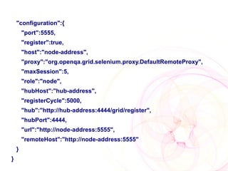 "configuration":{
        "port":5555,
        "register":true,
        "host":"node-address",
        "proxy":"org.openqa.grid.selenium.proxy.DefaultRemoteProxy",
        "maxSession":5,
        "role":"node",
        "hubHost":"hub-address",
        "registerCycle":5000,
        "hub":"http://hub-address:4444/grid/register",
        "hubPort":4444,
        "url":"http://node-address:5555",
        "remoteHost":"http://node-address:5555"
    }
}
 