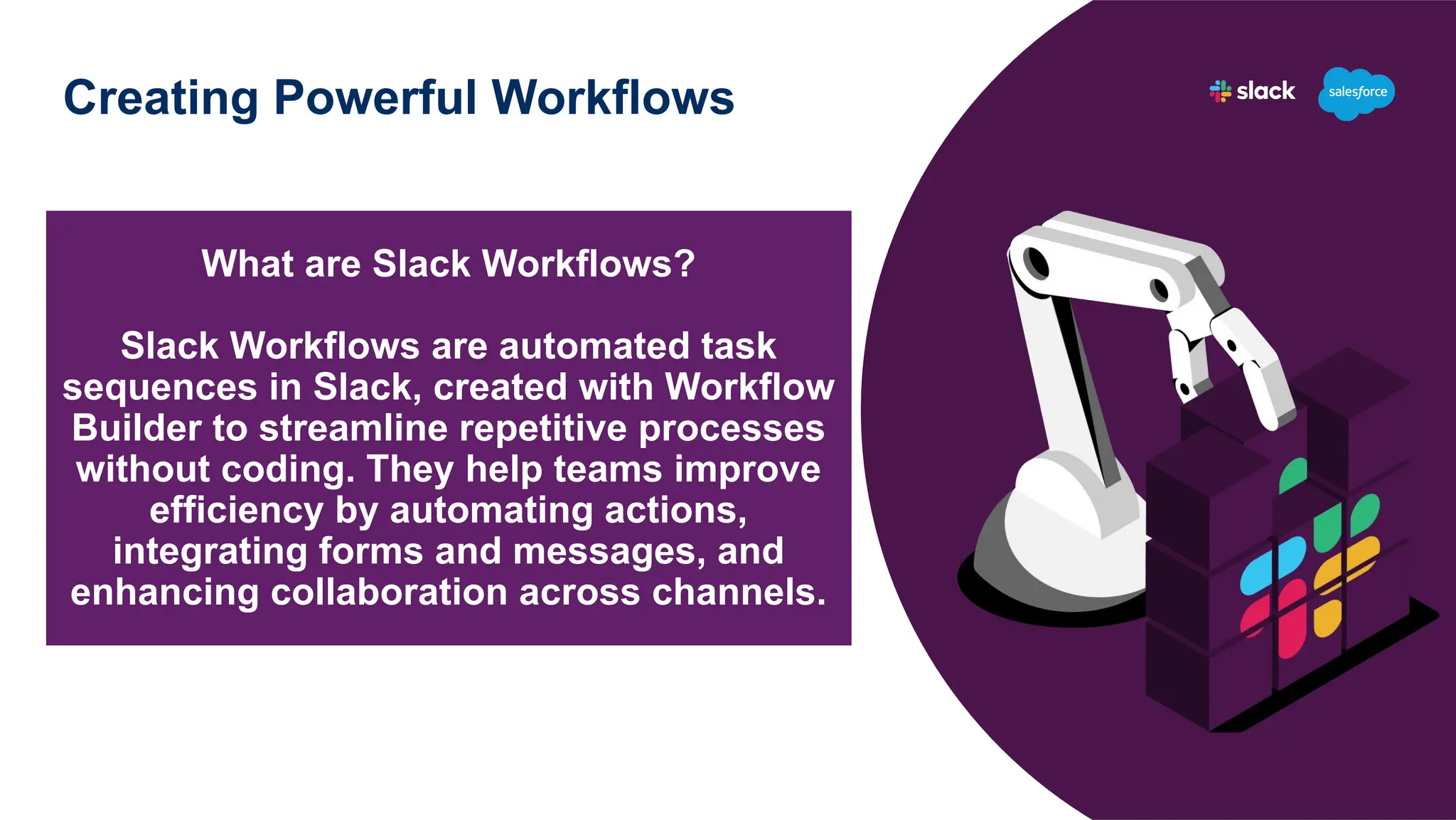 Creating Powerful Workflows
What are Slack Workflows?
Slack Workflows are automated task
sequences in Slack, created with Workflow
Builder to streamline repetitive processes
without coding. They help teams improve
efficiency by automating actions,
integrating forms and messages, and
enhancing collaboration across channels.
 