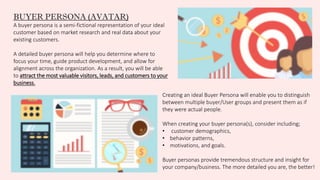 BUYER PERSONA (AVATAR)
A buyer persona is a semi-fictional representation of your ideal
customer based on market research and real data about your
existing customers.
A detailed buyer persona will help you determine where to
focus your time, guide product development, and allow for
alignment across the organization. As a result, you will be able
to attract the most valuable visitors, leads, and customers to your
business.
Creating an ideal Buyer Persona will enable you to distinguish
between multiple buyer/User groups and present them as if
they were actual people.
When creating your buyer persona(s), consider including;
• customer demographics,
• behavior patterns,
• motivations, and goals.
Buyer personas provide tremendous structure and insight for
your company/business. The more detailed you are, the better!
 