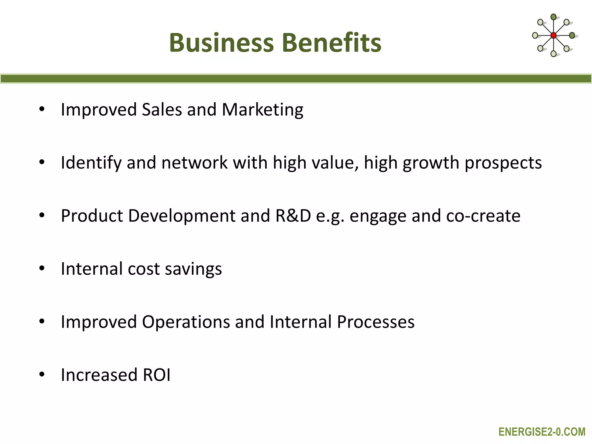 Business Benefits Improved Sales and Marketing  Identify and network with high value, high growth prospects Product Development and R&D e.g. engage and co-create Internal cost savings  Improved  Operations and Internal Processes Increased ROI 