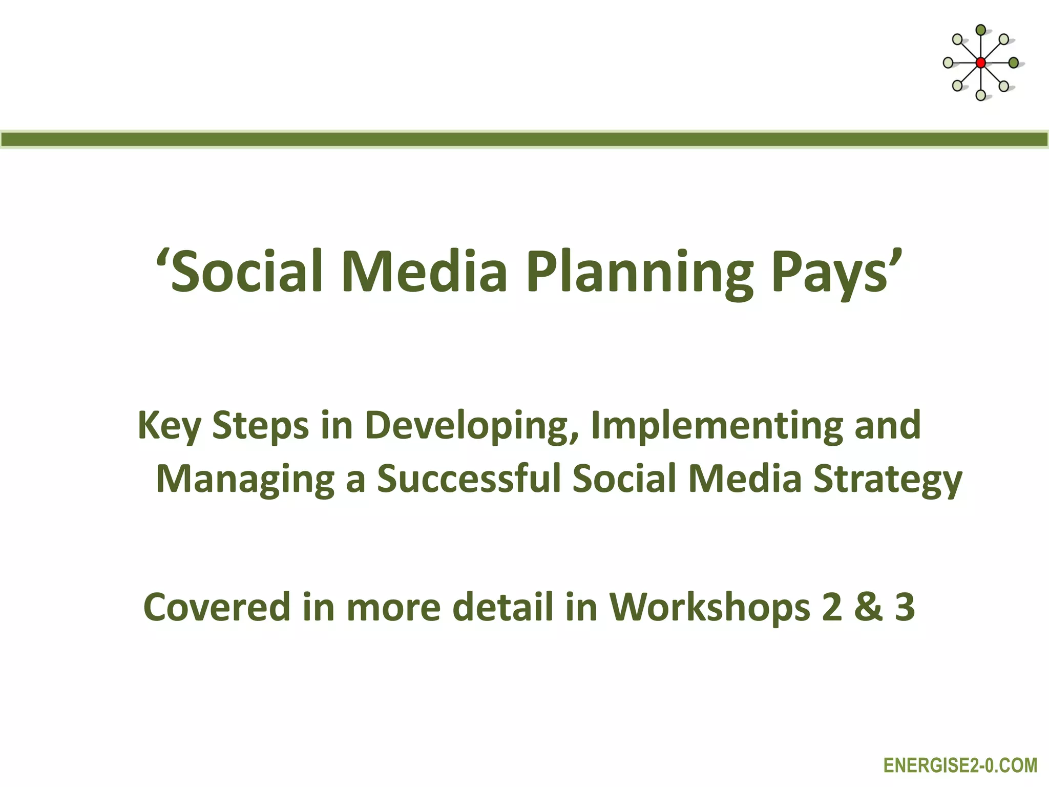 ‘ Social Media Planning Pays’ Key Steps in Developing, Implementing and Managing a Successful Social Media Strategy Covered in more detail in Workshops 2 & 3 