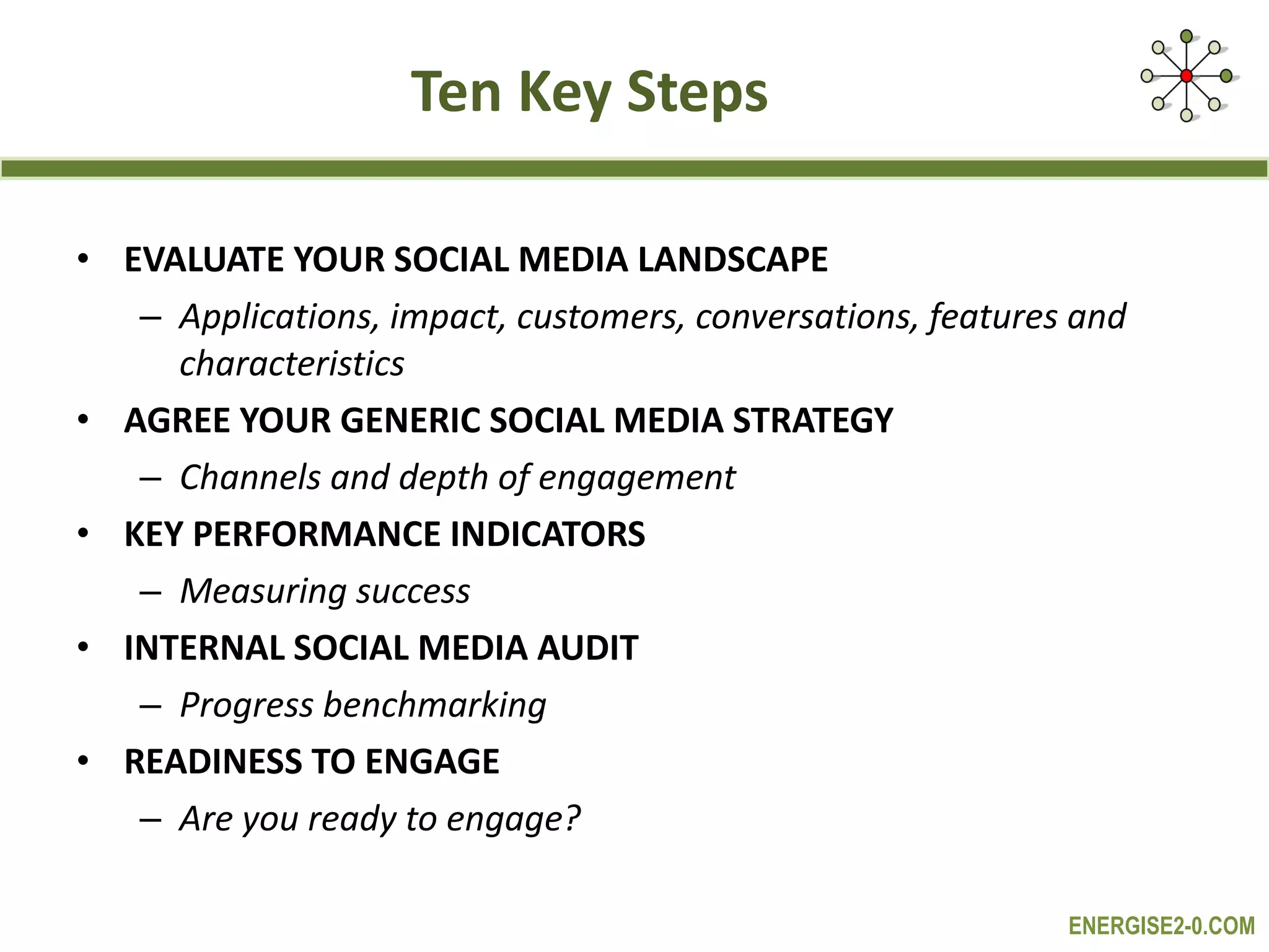 Ten Key Steps EVALUATE YOUR SOCIAL MEDIA LANDSCAPE Applications, impact, customers, conversations, features and characteristics  AGREE YOUR GENERIC SOCIAL MEDIA STRATEGY Channels and depth of engagement KEY PERFORMANCE INDICATORS Measuring success INTERNAL SOCIAL MEDIA AUDIT Progress benchmarking READINESS TO ENGAGE Are you ready to engage? 