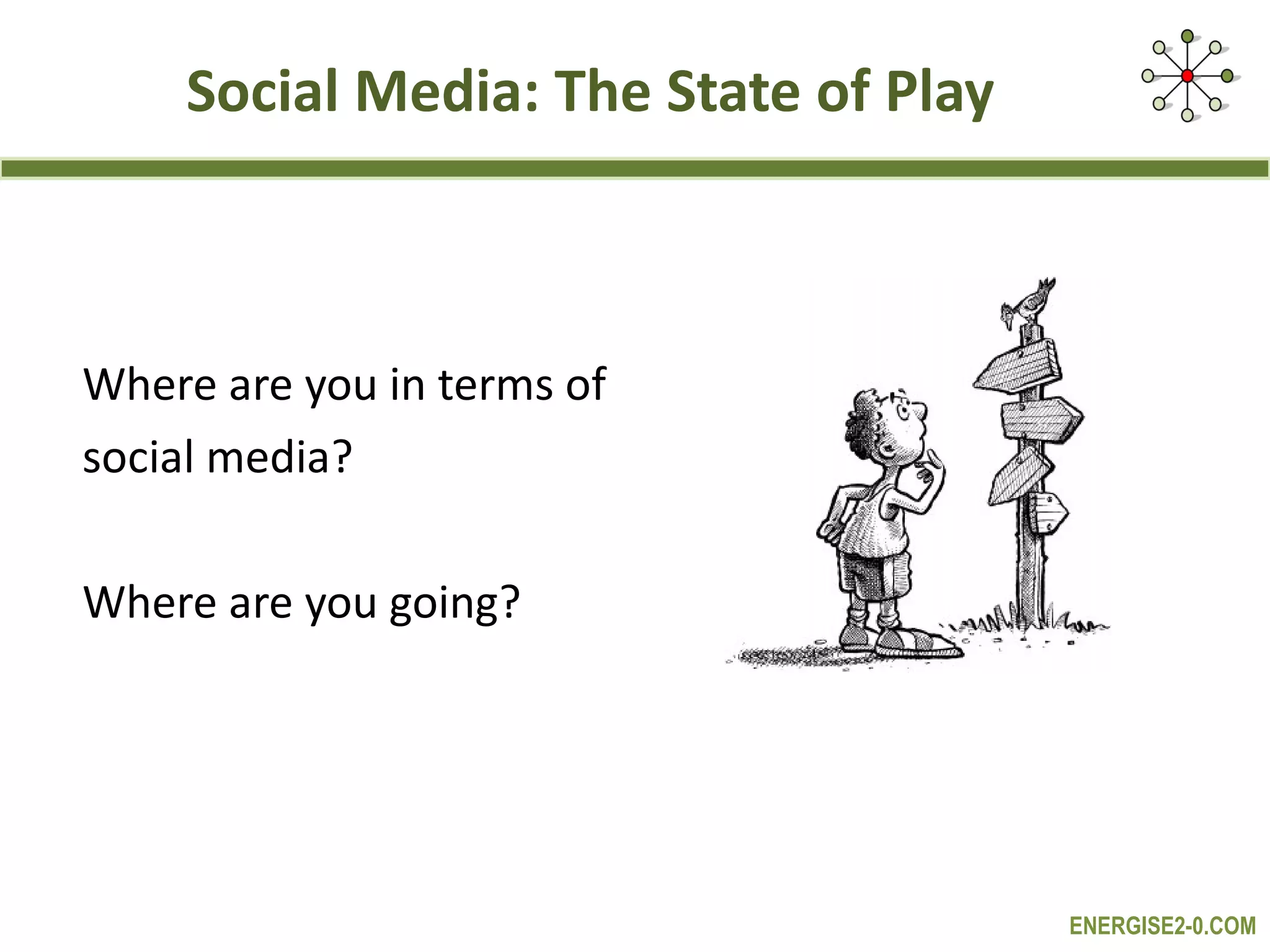 Social Media: The State of Play Where are you in terms of  social media? Where are you going? 