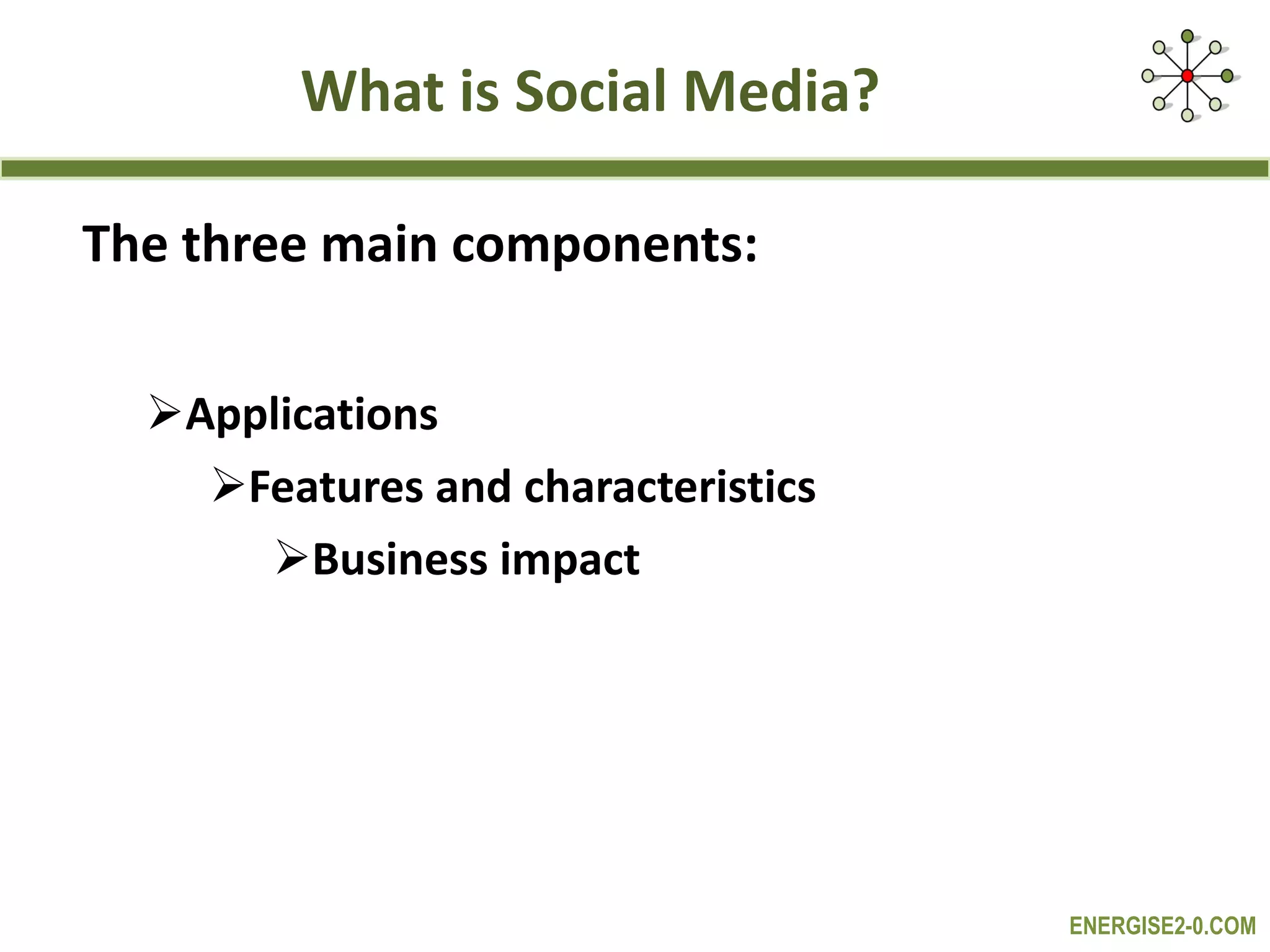 What is Social Media? The three main components: Applications Features and characteristics Business impact 