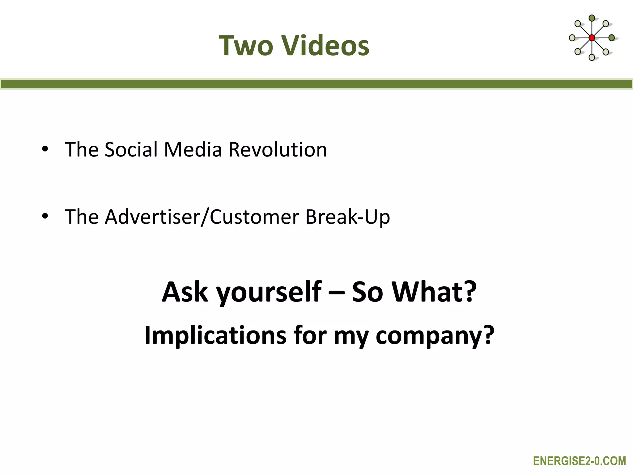 Two Videos The Social Media Revolution The Advertiser/Customer Break-Up Ask yourself – So What? Implications for my company? 