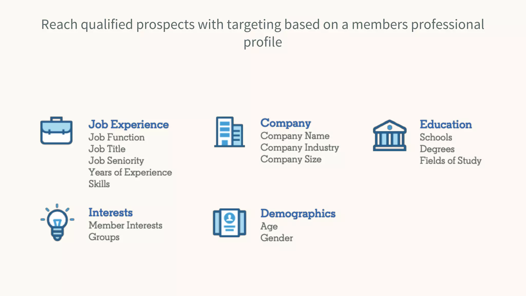 Reach qualified prospects with targeting based on a members professional
profile
 