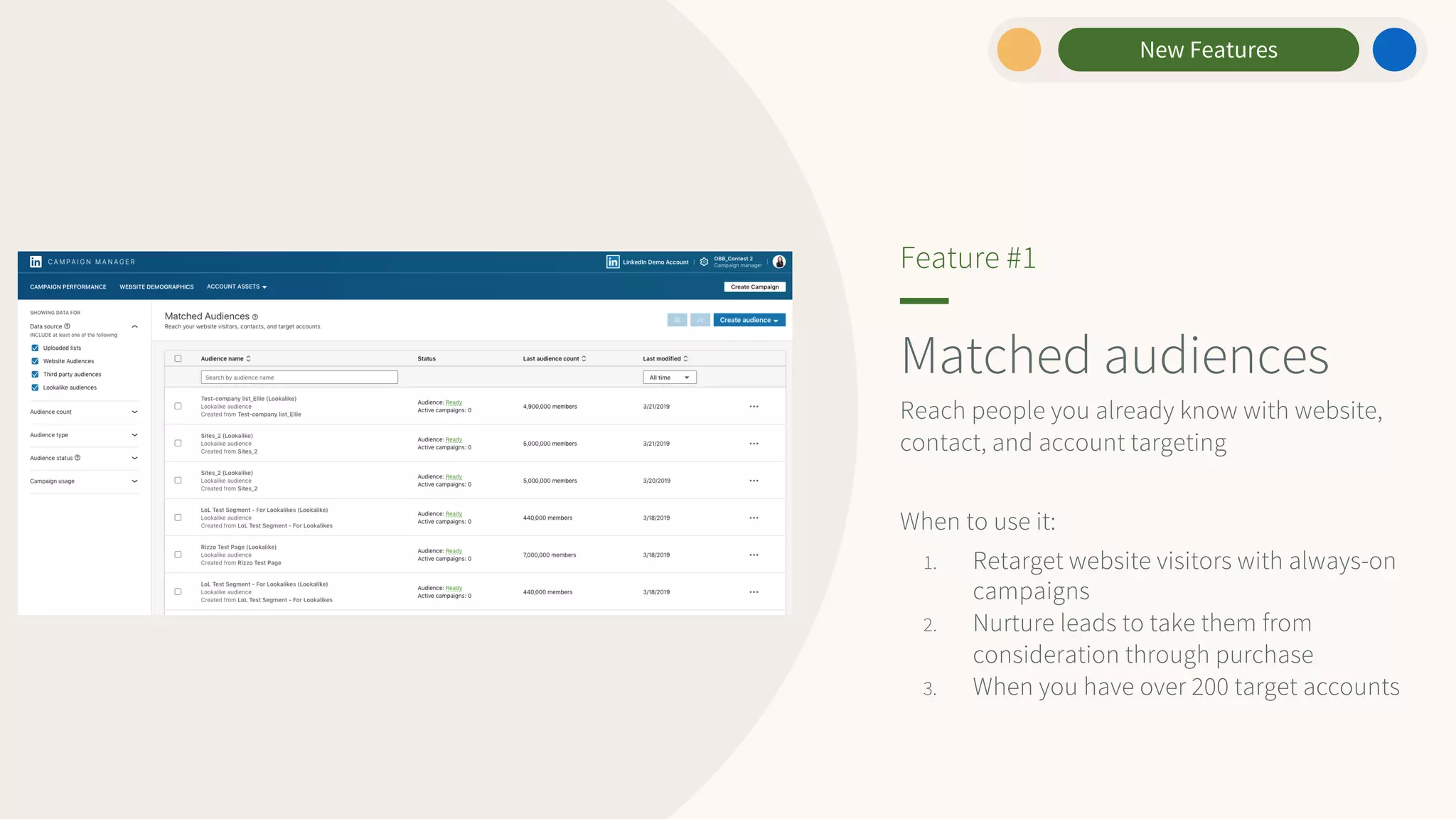 Matched audiences
Reach people you already know with website,
contact, and account targeting
When to use it:
1. Retarget website visitors with always-on
campaigns
2. Nurture leads to take them from
consideration through purchase
3. When you have over 200 target accounts
Feature #1
New Features
 