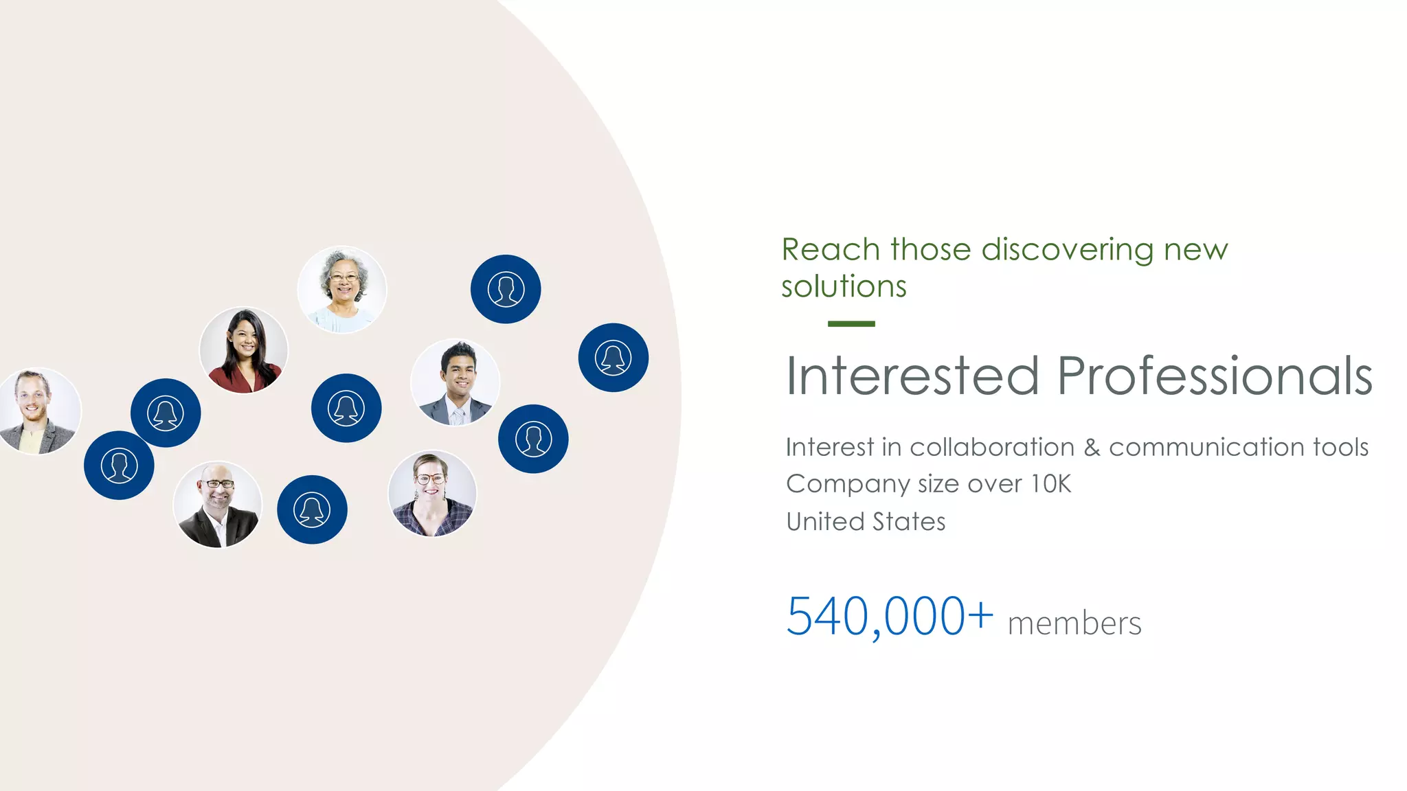 Interested Professionals
Interest in collaboration & communication tools
Company size over 10K
United States
540,000+ members
Reach those discovering new
solutions
 