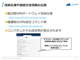 Copyright 2019 FUJITSU CLOUD TECHNOLOGIES LIMITED
技術仕様や接続方法情報の公開
◼拠点間VPNゲートウェイ技術仕様
• https://pfs.nifcloud.com/spec/vpngw/
◼機種毎のVPN設定コマンド例
• https://pfs.nifcloud.com/guide/cp/
◼コンパネ上からも設定例が表示されます
14
ヤマハルータの設定コマンドが
お客様の構成にあわせて表示
簡単にニフクラとオンプレが
接続可能に！
 