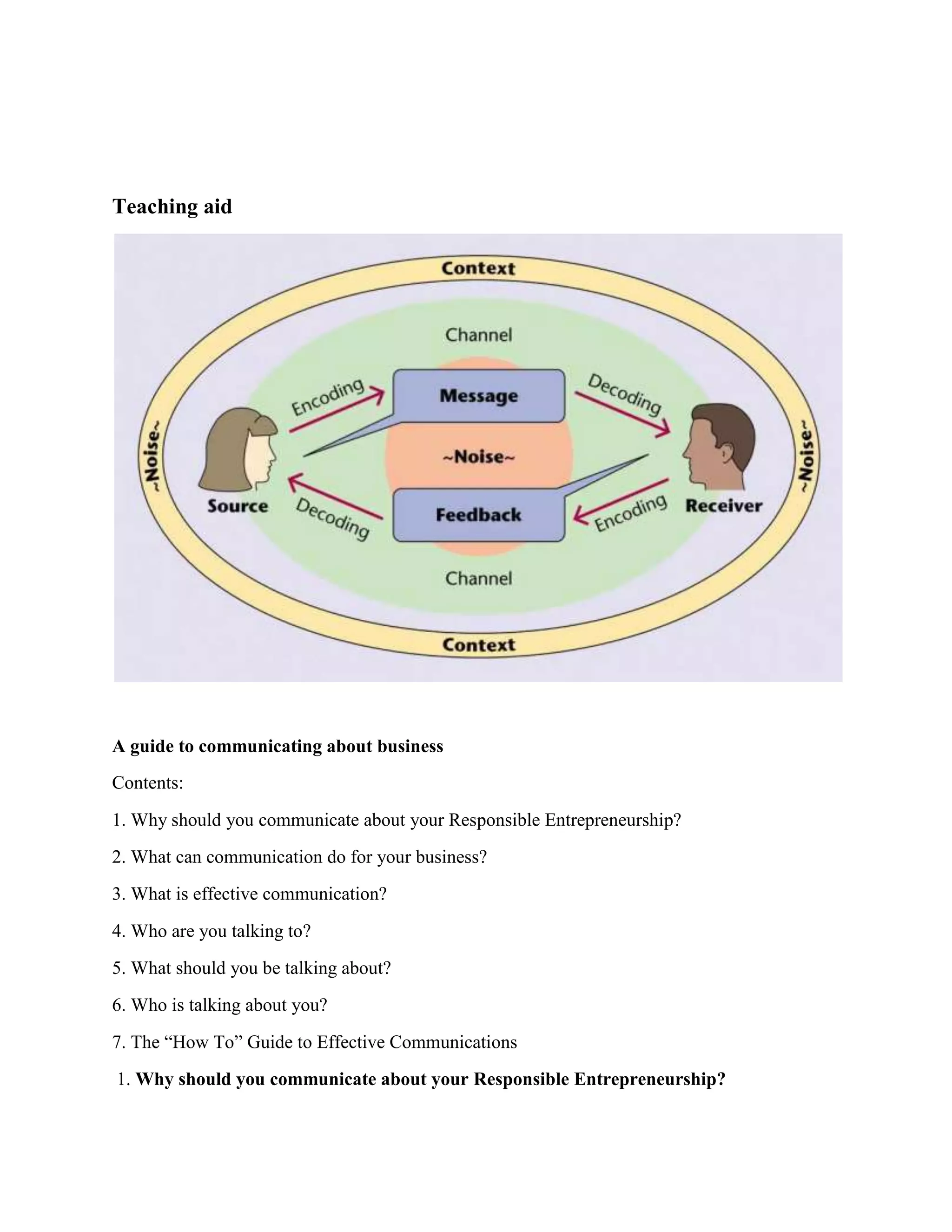 Teaching aid

A guide to communicating about business
Contents:
1. Why should you communicate about your Responsible Entrepreneurship?
2. What can communication do for your business?
3. What is effective communication?
4. Who are you talking to?
5. What should you be talking about?
6. Who is talking about you?
7. The “How To” Guide to Effective Communications
1. Why should you communicate about your Responsible Entrepreneurship?

 