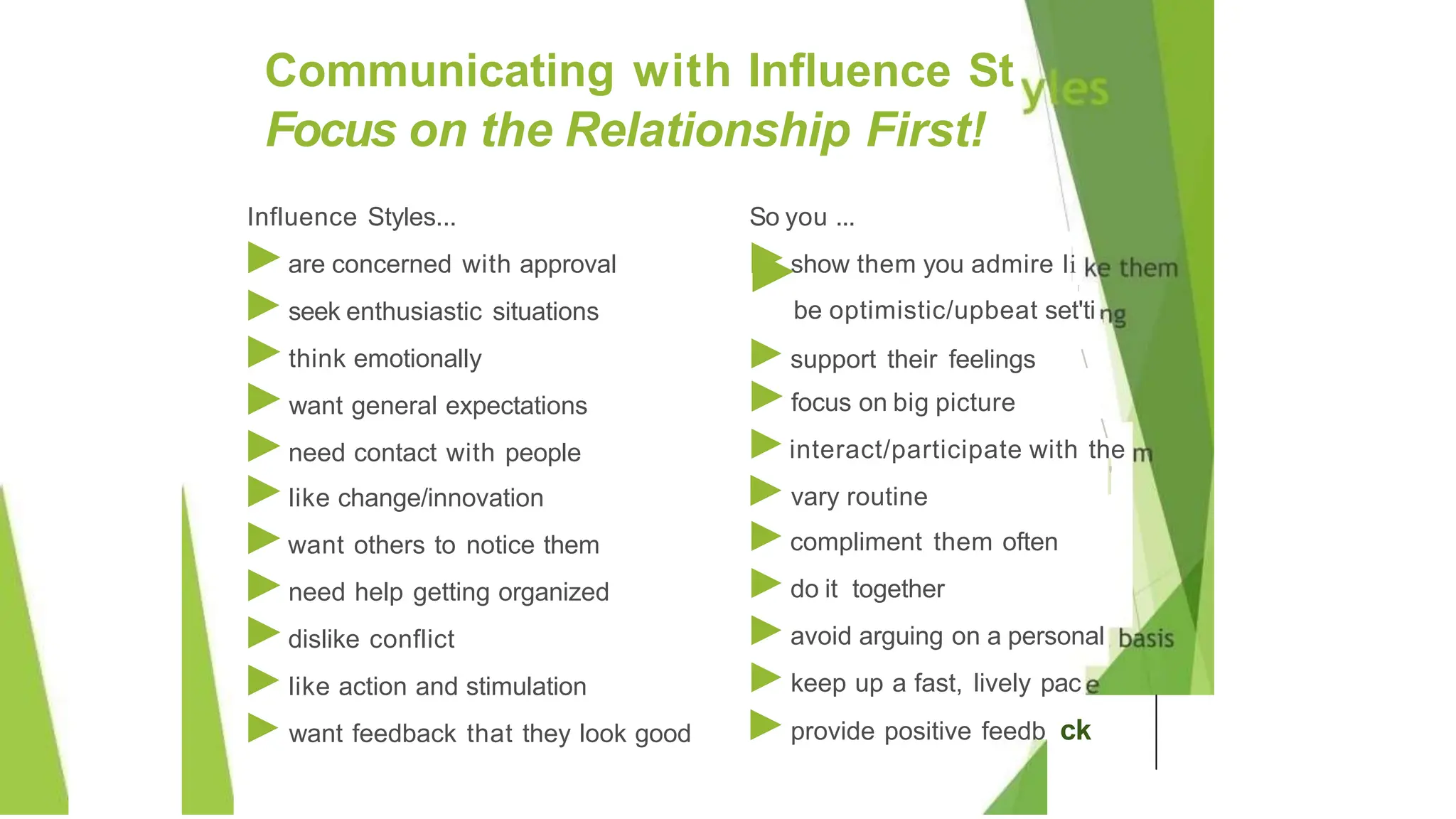 Communicating with Influence St
Focus on the Relationship First!
Influence Styles... So you ...
►are concerned with approval
►seek enthusiastic situations
►think emotionally
►want general expectations
►need contact with people
►like change/innovation
►want others to notice them
►need help getting organized
►dislike conflict
►like action and stimulation
►want feedback that they look good

'
►show them you admire li
► I
be optimistic/upbeat set'ti
►support their feelings 
►focus on big picture
►interact/participate with the
►vary routine
►compliment them often
►do it together
►avoid arguing on a personal
►keep up a fast, lively pac
►provide positive feedb ck
 