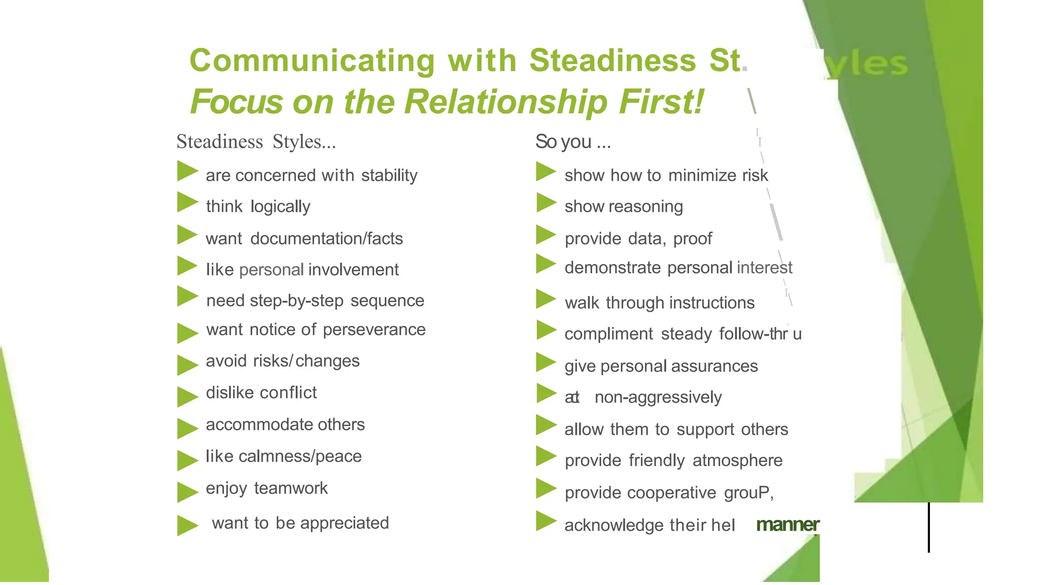 Steadiness Styles... So you ...
Communicating with Steadiness St.
Focus on the Relationship First! 
I
I


►
►
►
►
►
►
►
►are concerned with stability
►think logically
►want documentation/facts
►like personal involvement
►need step-by-step sequence
want notice of perseverance
avoid risks/changes
dislike conflict
accommodate others
like calmness/peace
enjoy teamwork
want to be appreciated

I

►show how to minimize risk
►show reasoning

►provide data, proof
►demonstrate personal interest

► walk through instructions
►compliment steady follow-thr
'
u
►give personal assurances
►a
c
t non-aggressively
►allow them to support others
►provide friendly atmosphere
►provide cooperative grouP,
►acknowledge their hel manner
 