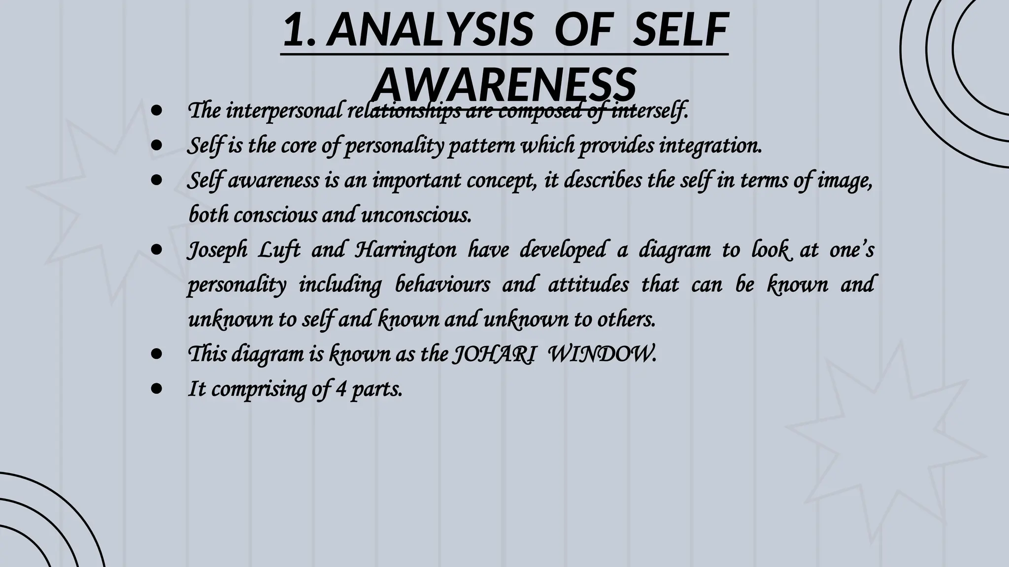 1. ANALYSIS OF SELF
AWARENESS
● The interpersonal relationships are composed of interself.
● Self is the core of personality pattern which provides integration.
● Self awareness is an important concept, it describes the self in terms of image,
both conscious and unconscious.
● Joseph Luft and Harrington have developed a diagram to look at one’s
personality including behaviours and attitudes that can be known and
unknown to self and known and unknown to others.
● This diagram is known as the JOHARI WINDOW.
● It comprising of 4 parts.
 