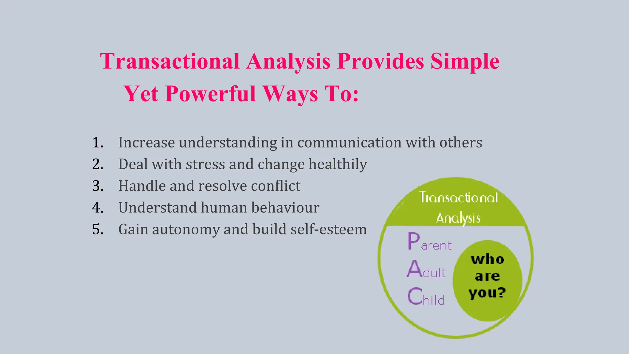 Transactional Analysis Provides Simple
Yet Powerful Ways To:
1. Increase understanding in communication with others
2. Deal with stress and change healthily
3. Handle and resolve conflict
4. Understand human behaviour
5. Gain autonomy and build self-esteem
 