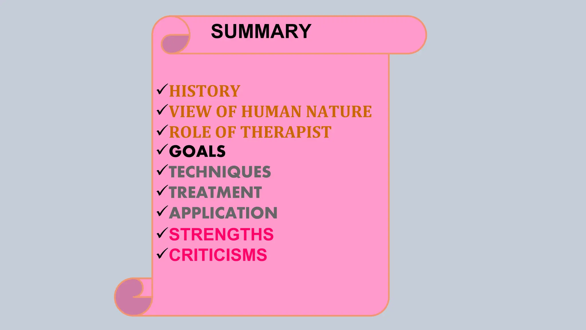SUMMARY
HISTORY
VIEW OF HUMAN NATURE
ROLE OF THERAPIST
GOALS
TECHNIQUES
TREATMENT
APPLICATION
STRENGTHS
CRITICISMS
 