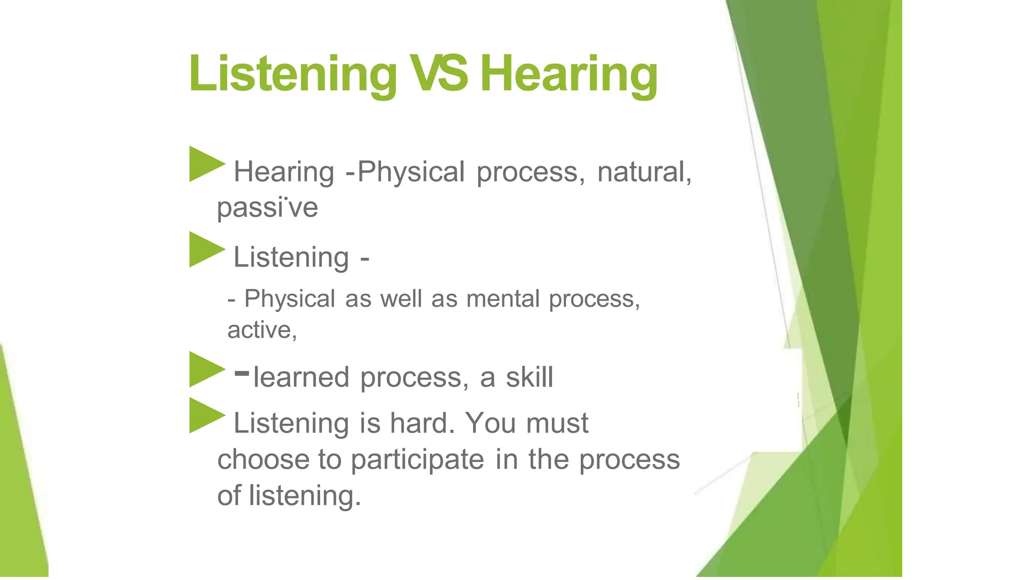 Listening VS Hearing
►Hearing -Physical process, natural,
passi•
ve
►Listening -
- Physical as well as mental process,
active,
►-learned process, a skill
►Listening is hard. You must
choose to participate in the process
of listening.
I
I
 