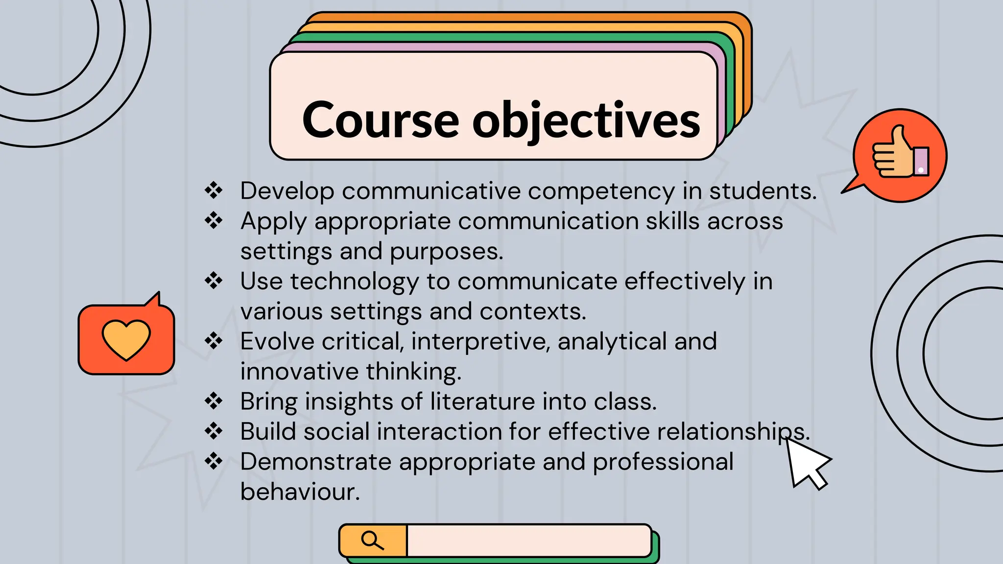 Course objectives
pssr
 Develop communicative competency in students.
 Apply appropriate communication skills across
settings and purposes.
 Use technology to communicate effectively in
various settings and contexts.
 Evolve critical, interpretive, analytical and
innovative thinking.
 Bring insights of literature into class.
 Build social interaction for effective relationships.
 Demonstrate appropriate and professional
behaviour.
 